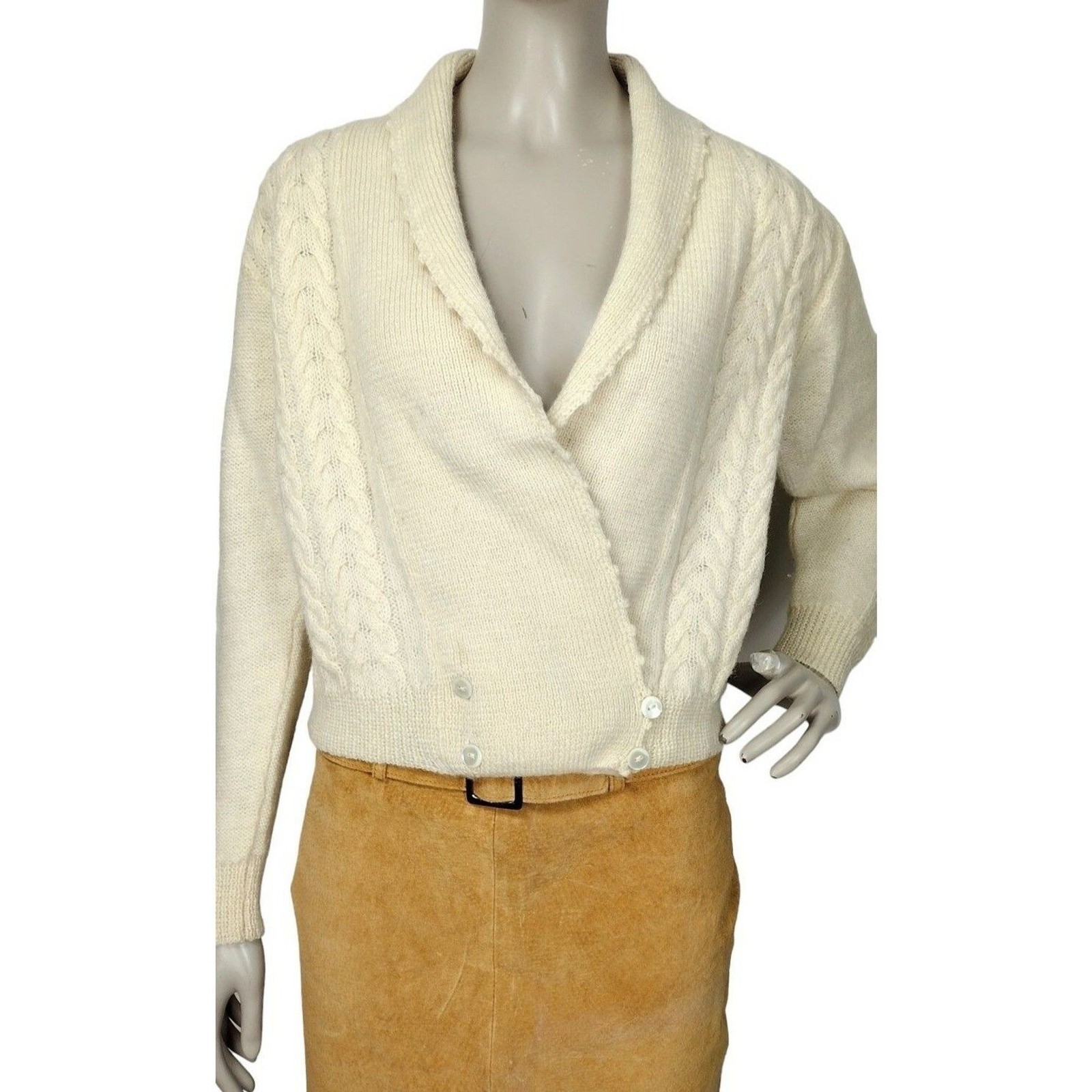 Vintage 70s Alpenblick Alpaca Wool Blend Cable Knit Shawl Neck Surplice Cardigan