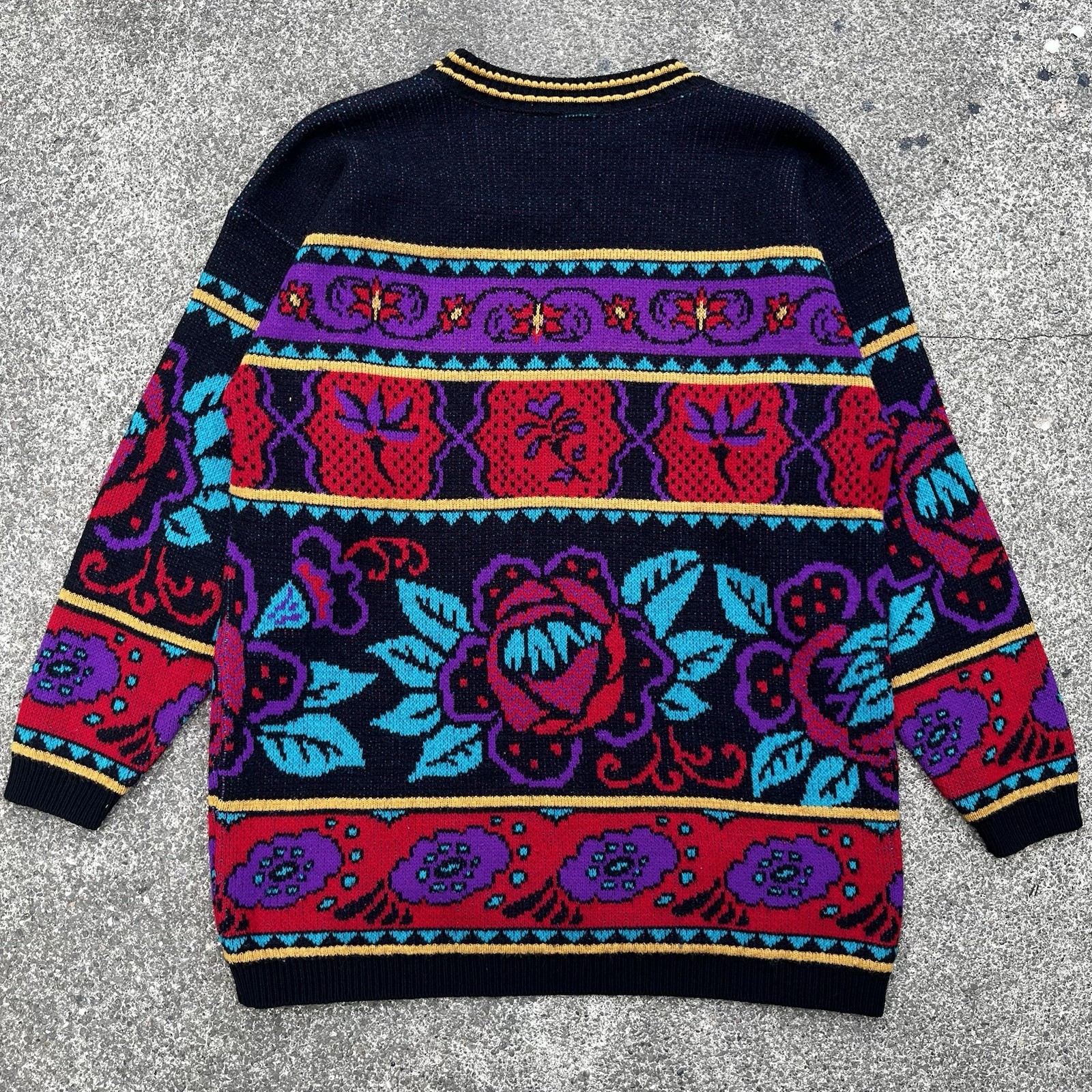 VTG 80s Beldoch Popper Floral Knit Sweater – Womens L – USA Made – Cottagecore