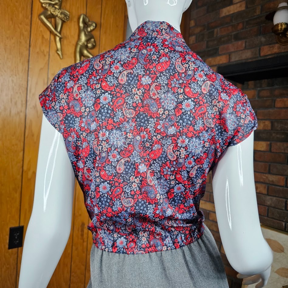 Vtg 80s Pussy Bow Power Suit Paisley Floral Dress w/ Blazer Secretary Dress M