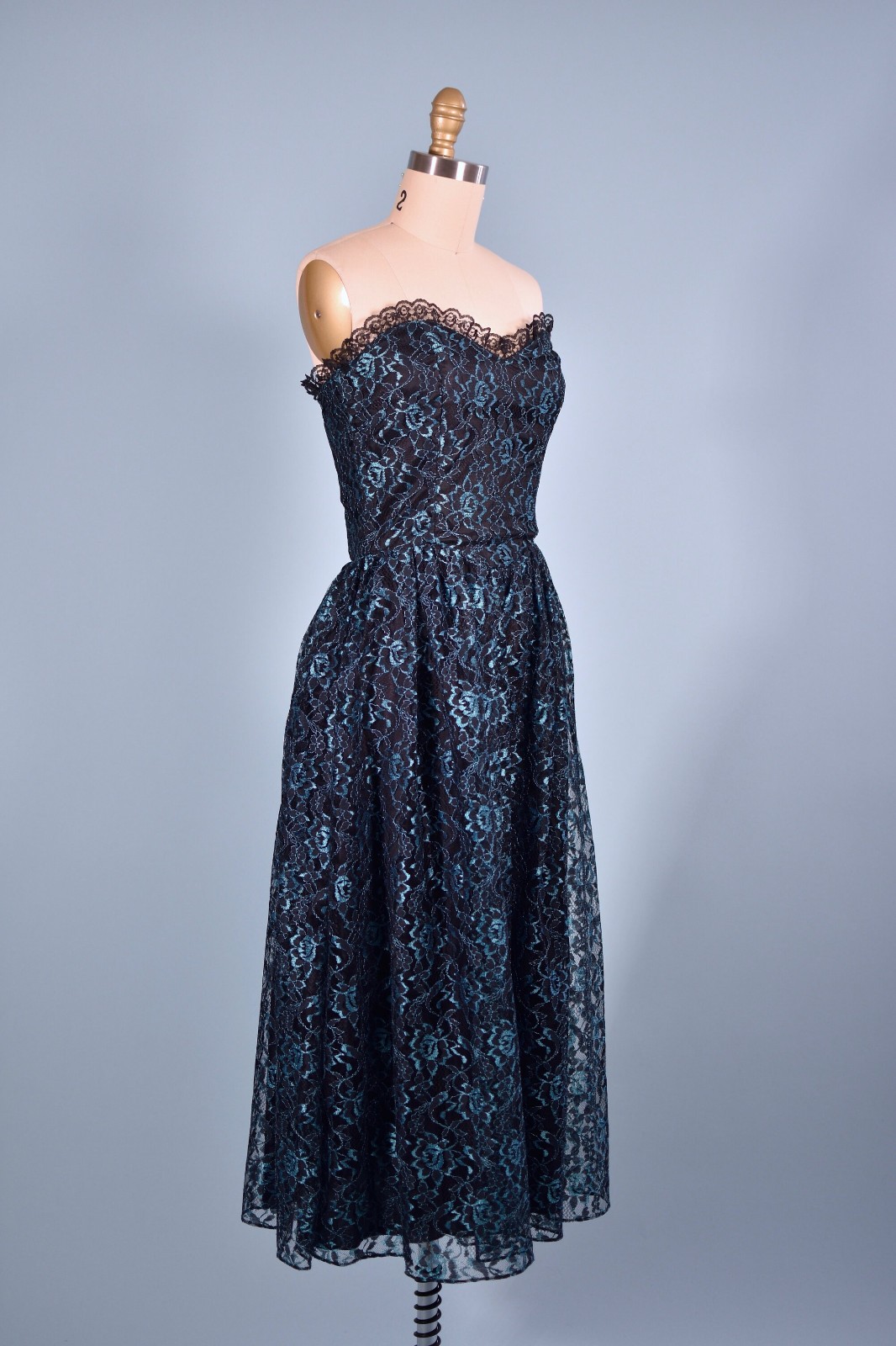 Oldstock Vintage Black and Blue Metallic Lace Sweetheart Gown