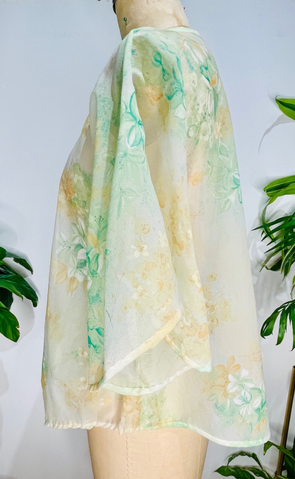 VTG 70’S BOHO DISCO HIPPIE SHEER TIE COVER UP SHIRT TOP GREEN&YELLOW FLORAL*S/M