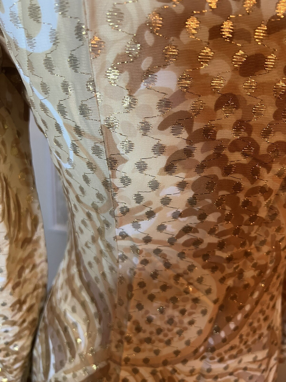 Vintage 70s Nancy Greer New York Metallic Print Party Dress Hostess Long Collar