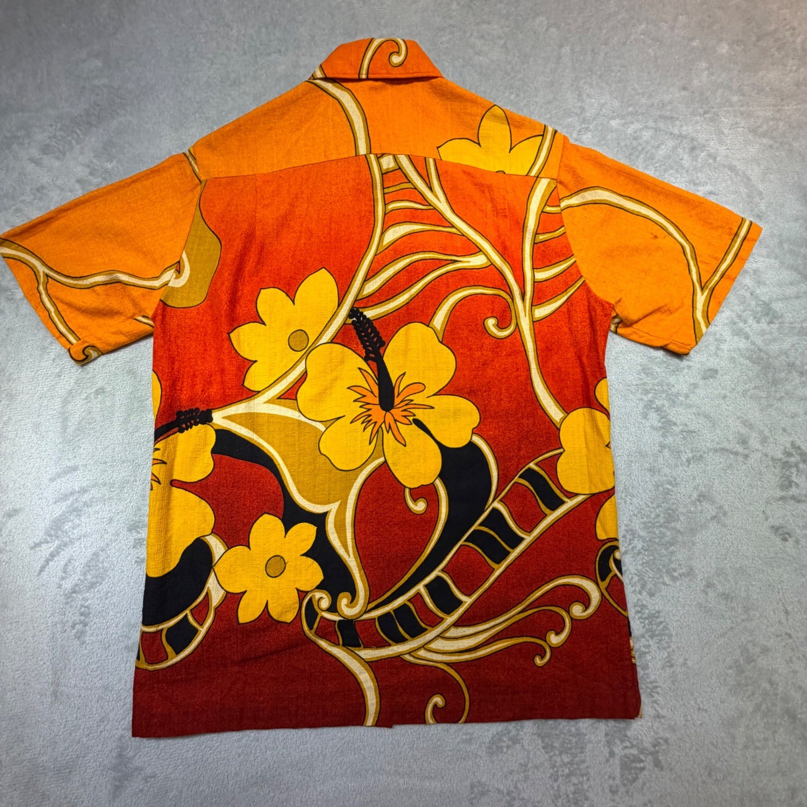 Vintage 70s Sears Hawaiian Fashions Shirt S Orange Red Floral 100% Cotton Tiki