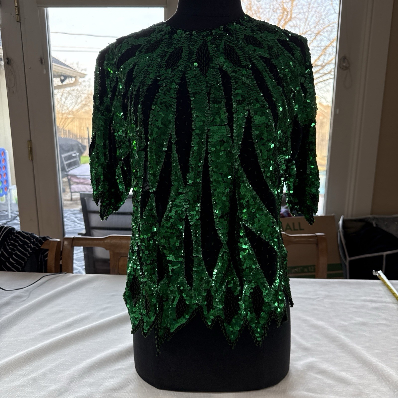 Vintage 80’s Iris Sequin Green And Black Flame Pattern Top Size L