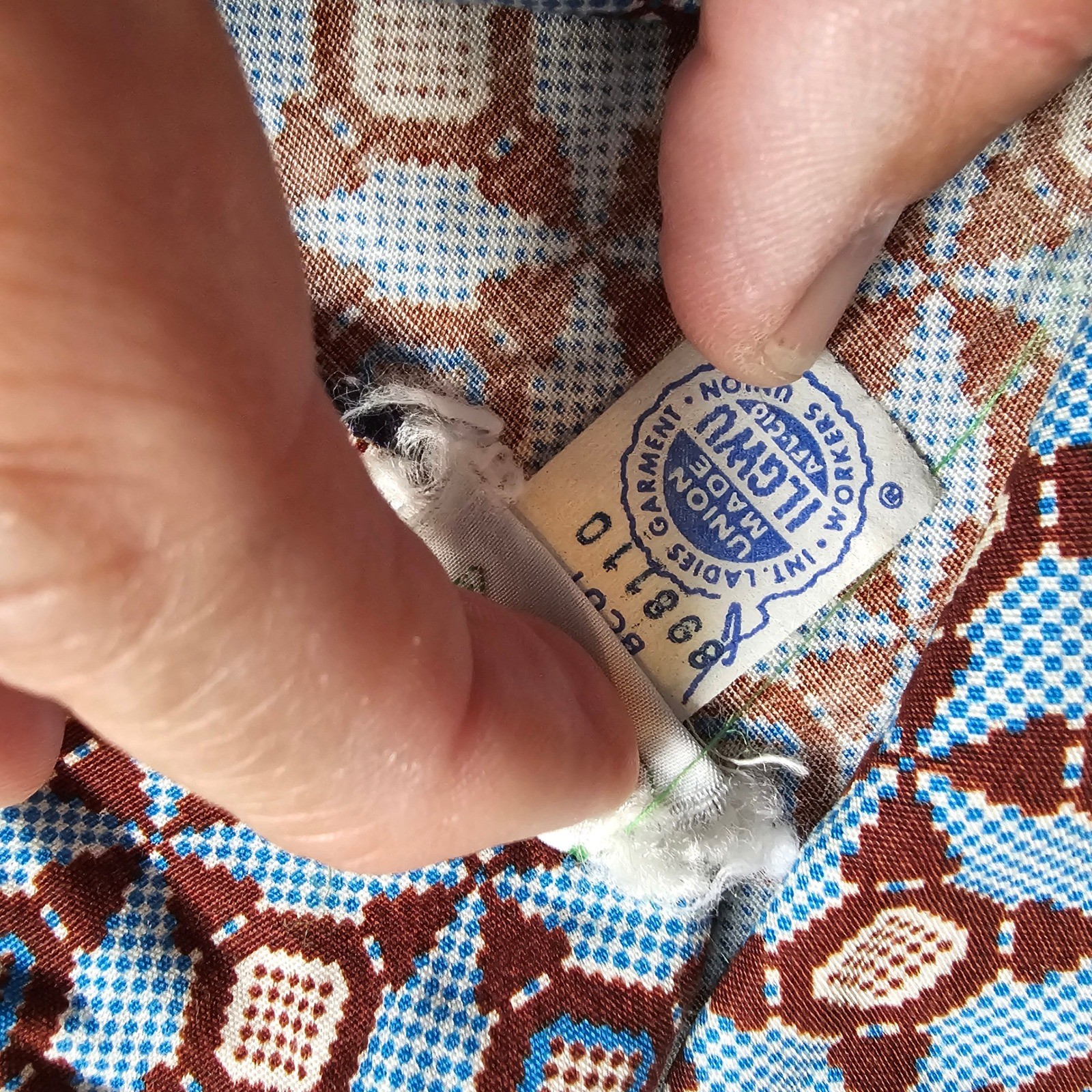 Vintage 1970s Dress Fit and Flare Sandy Lane Blue Brown Geometric Print Buttons