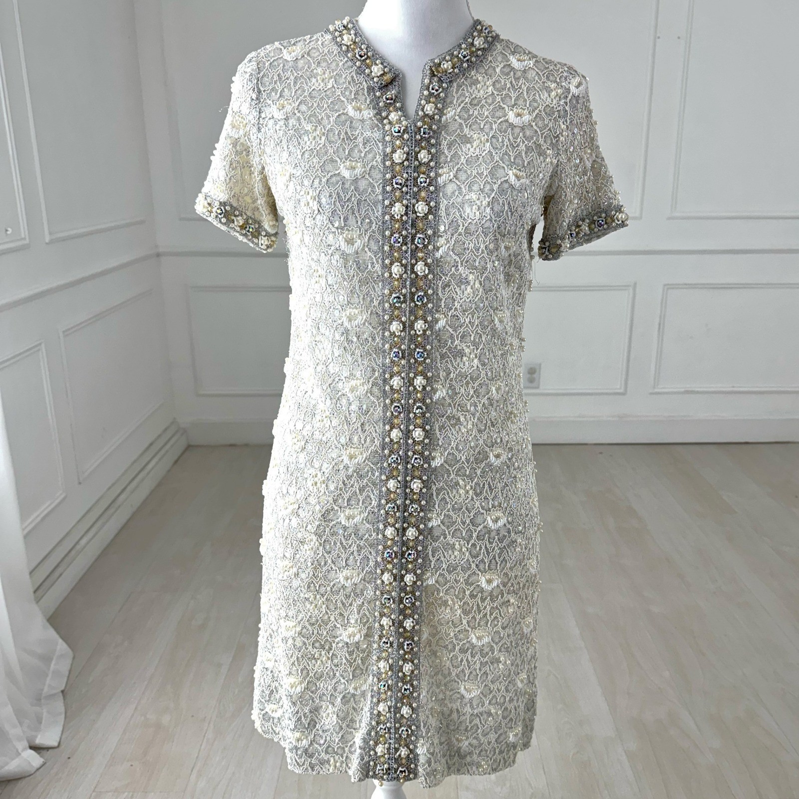 Imperial Fashion Vintage 60s Hand Beaded Silver Lace Shift Dress Womens 12