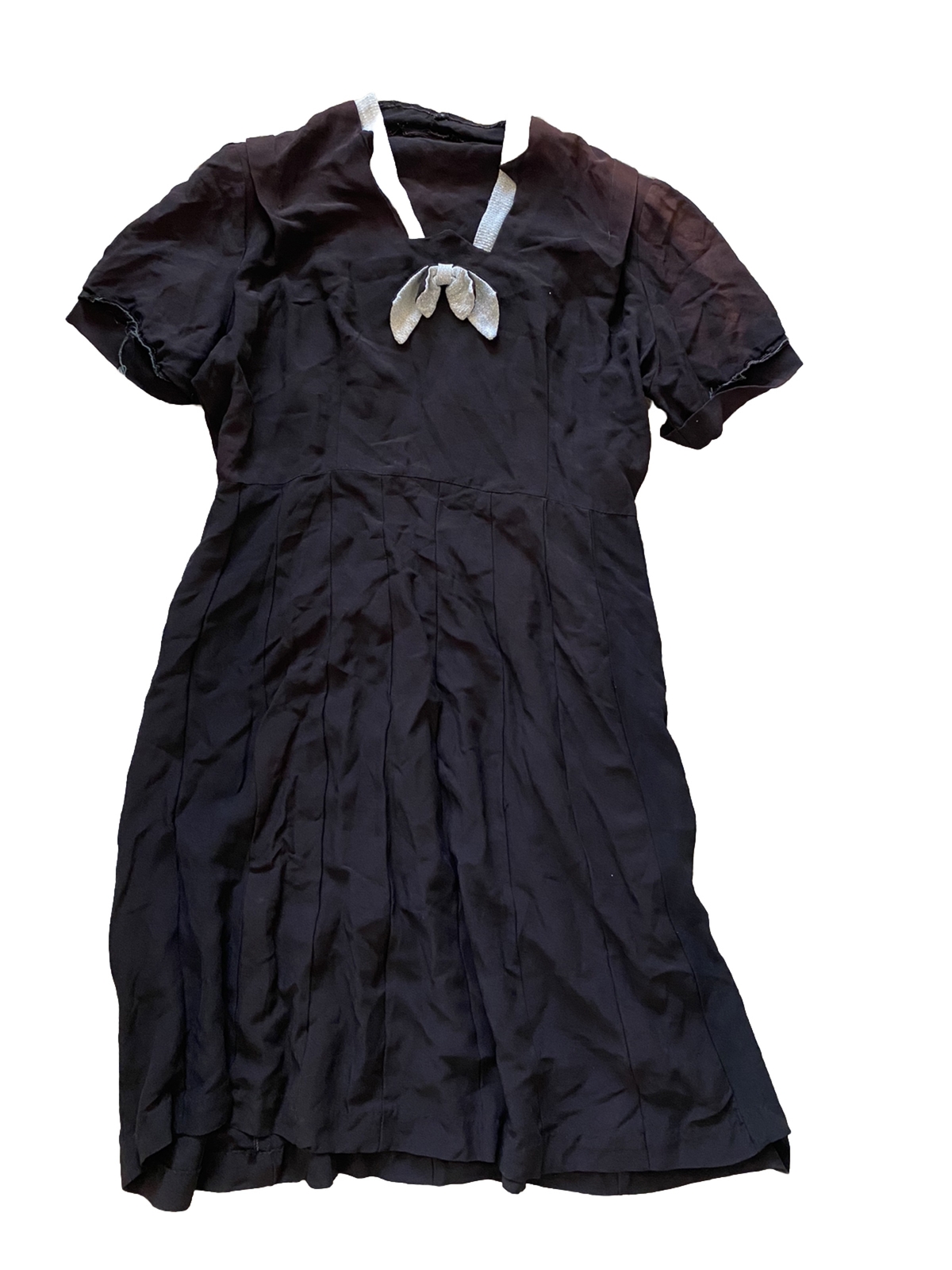 Vintage Dress Black 1970s Bow Swing Pleated Secretary Large Silver Teacher