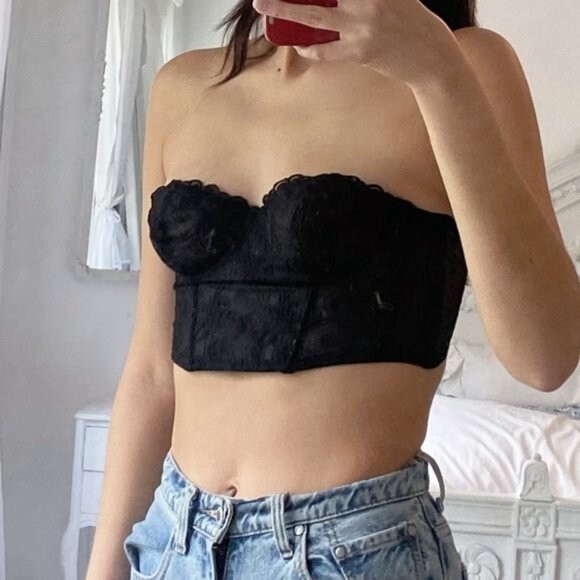 Vintage Sheer Black Lace Corset Bustier Crop Top Small