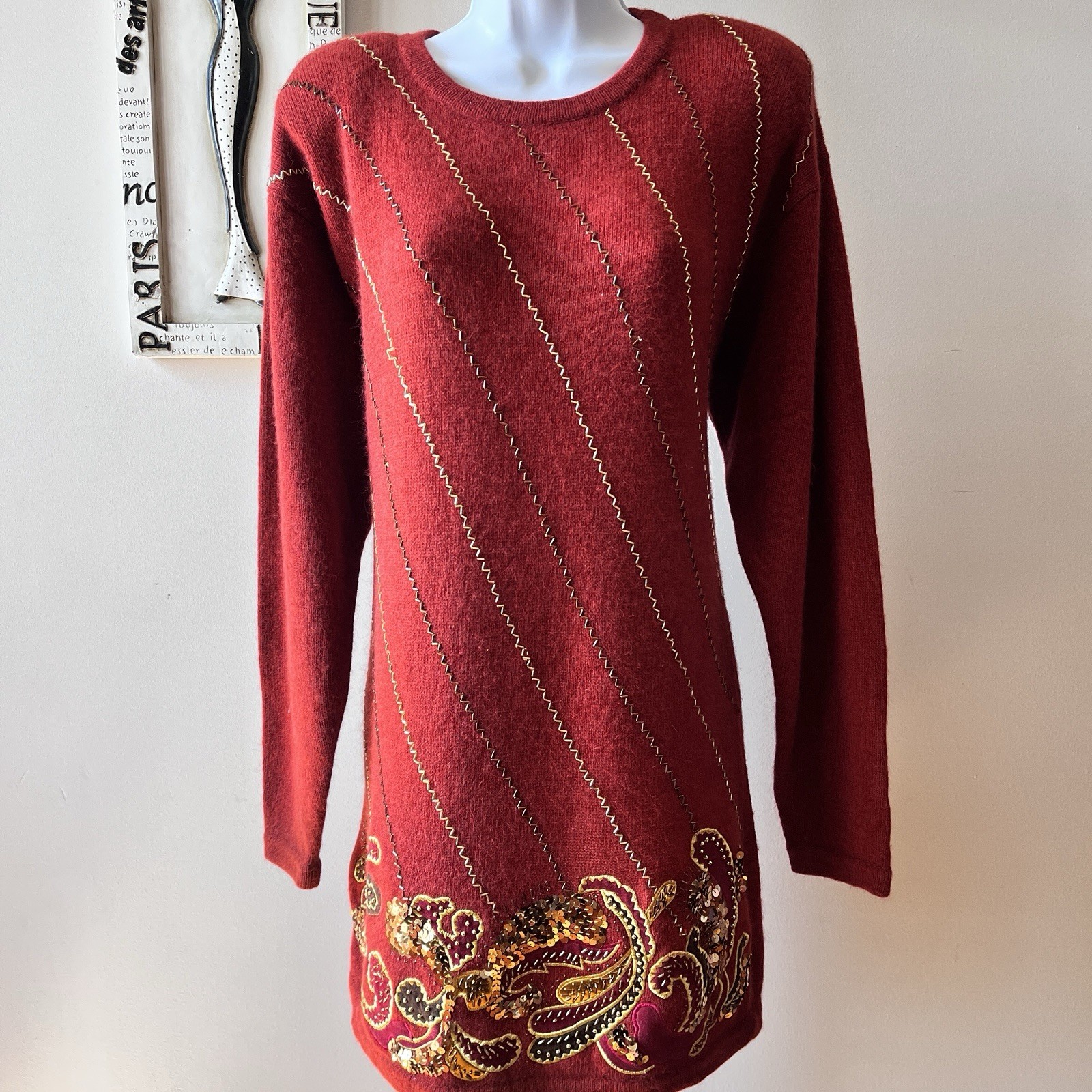 Vintage 80s Marisa Christina Collection Lambswool Sequin Sweater Dress Sz M