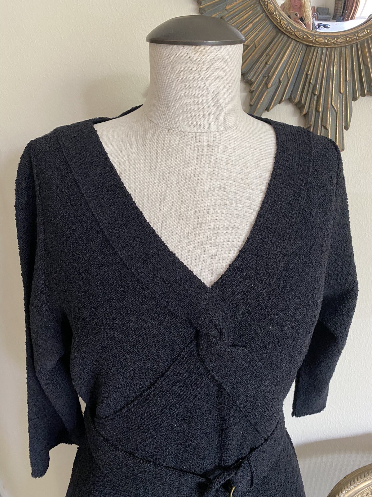 1930s Rare Black Hand-Knit Dress by Marinette w/ Belt