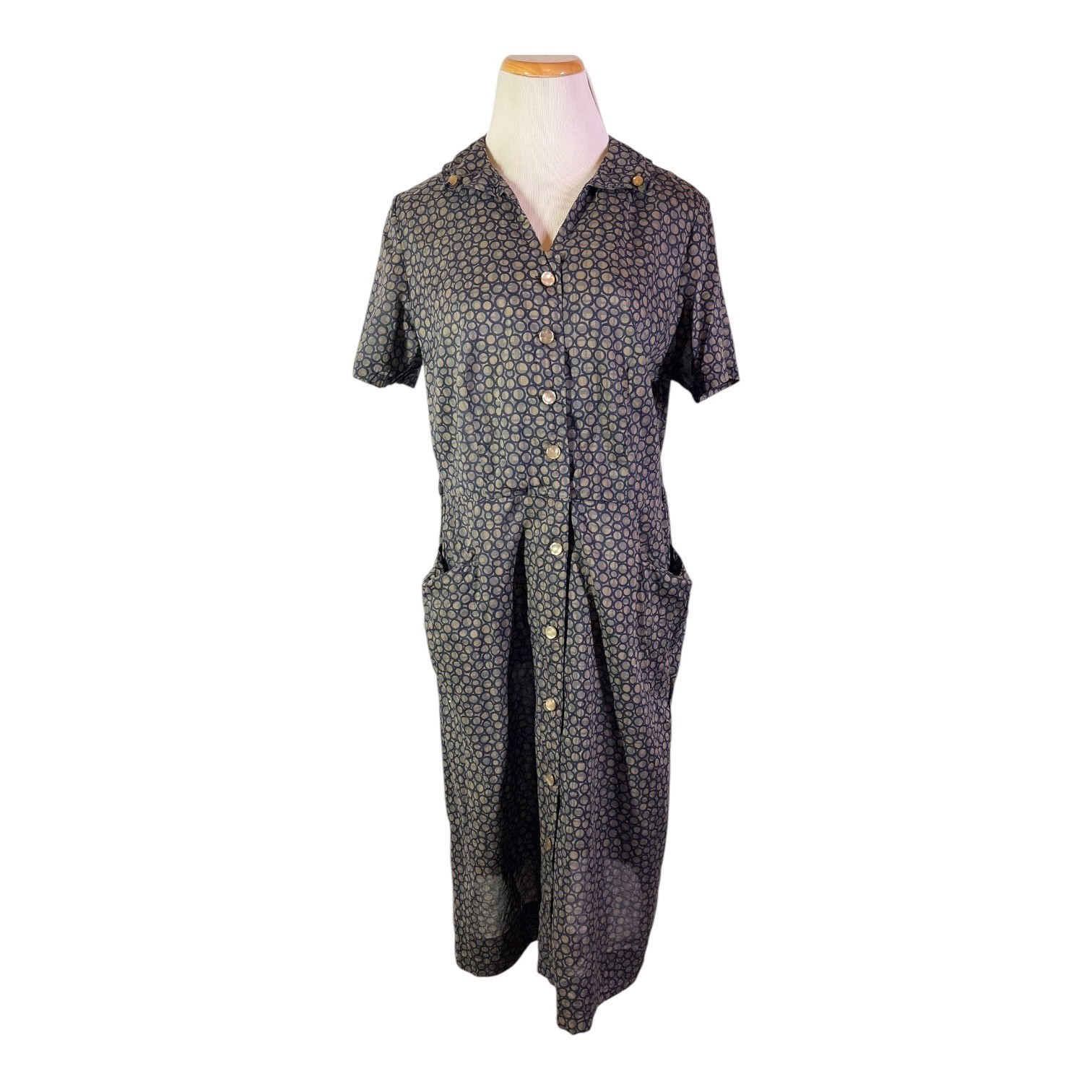 Vintage early 70s? Shirtdress Homemade Blue Circles Print Pockets