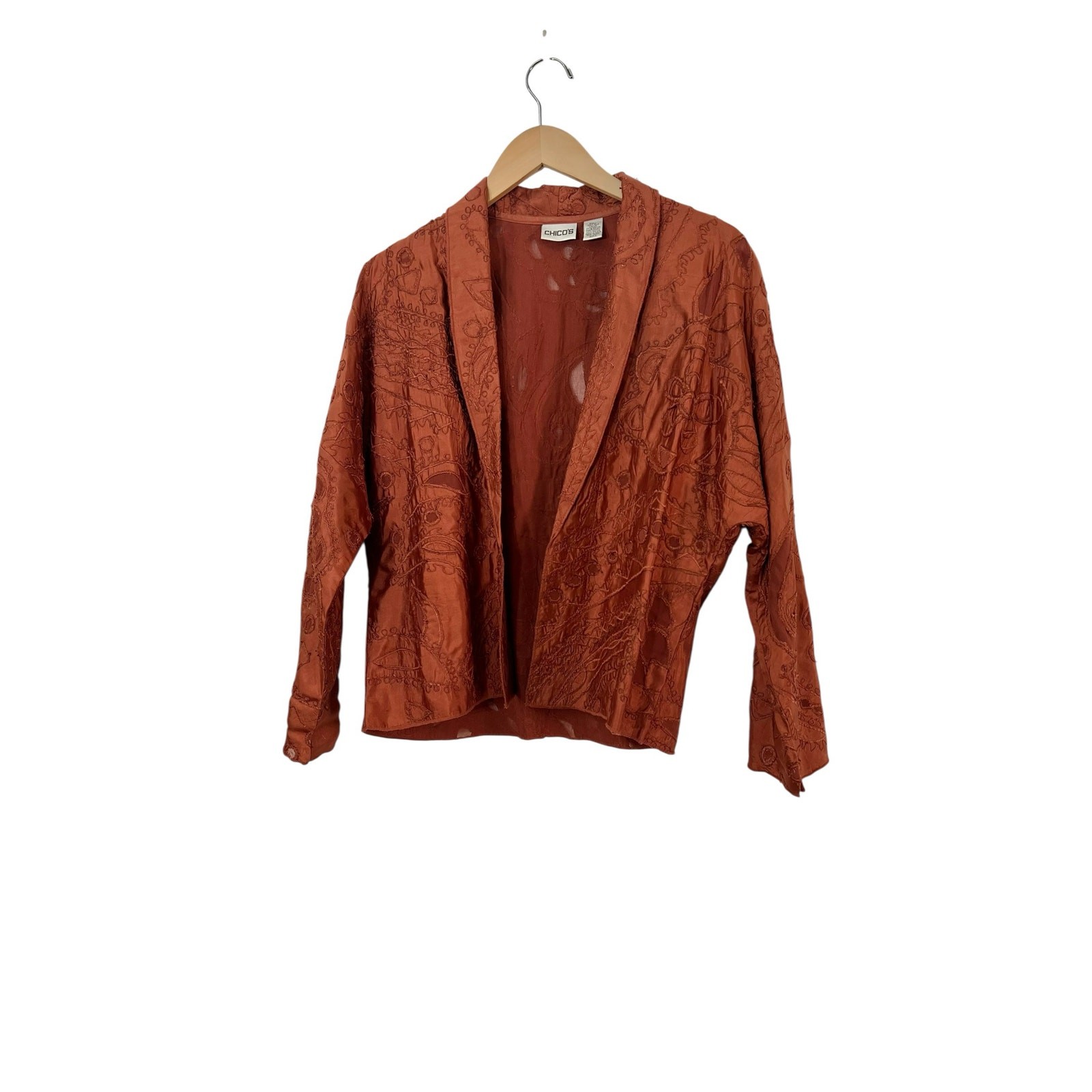 Vtg 90s Chico’s Design 100% Silk Embroidered Jacket Rust Art to Wear OS