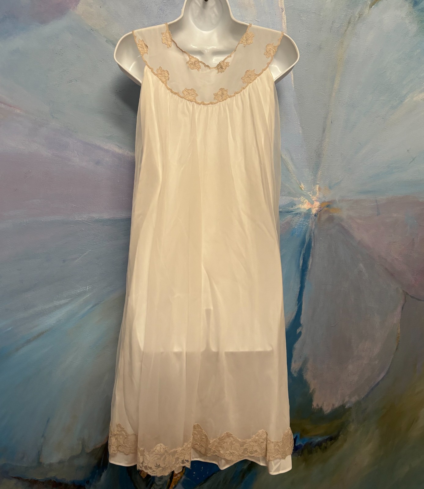 Vtg Winter White/Ivory Double Chiffon Peignoir Set Lace Nightgown&Robe S USA