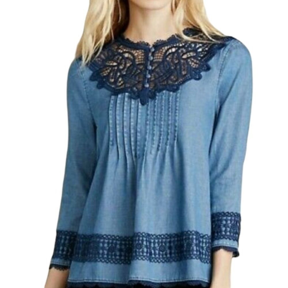 Nanette Lepore Tencel Victorian Blouse S Crochet Lace Neckline Blue Top Shirt