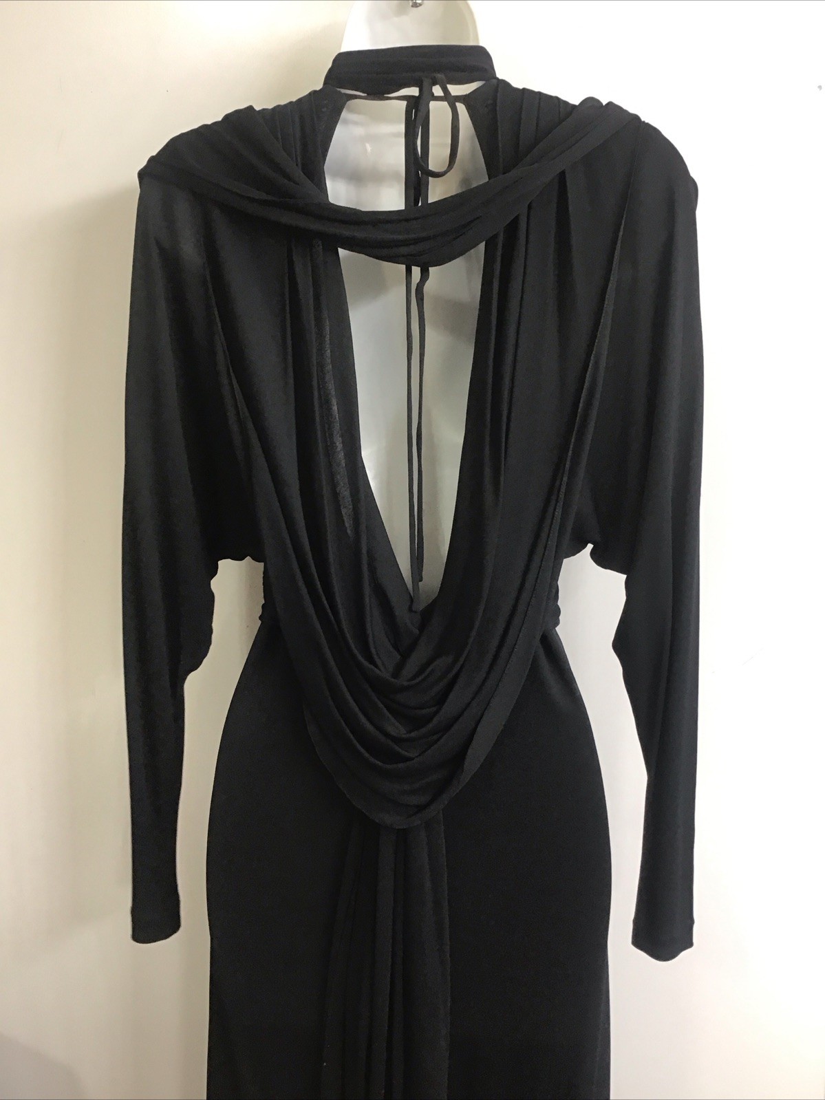 Hollys Harp Vintage Long Black Jersey Dress Drape Neck Sequin Butterfly Belt P