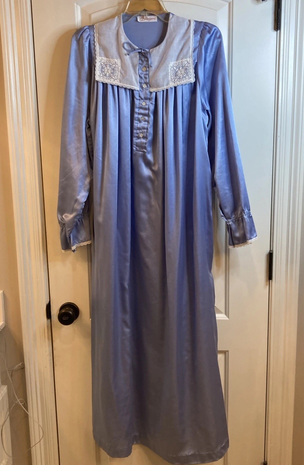Vintage Brandywine Blue Satin Long Nightgown & Matching Robe Lace Retro MCM M/L
