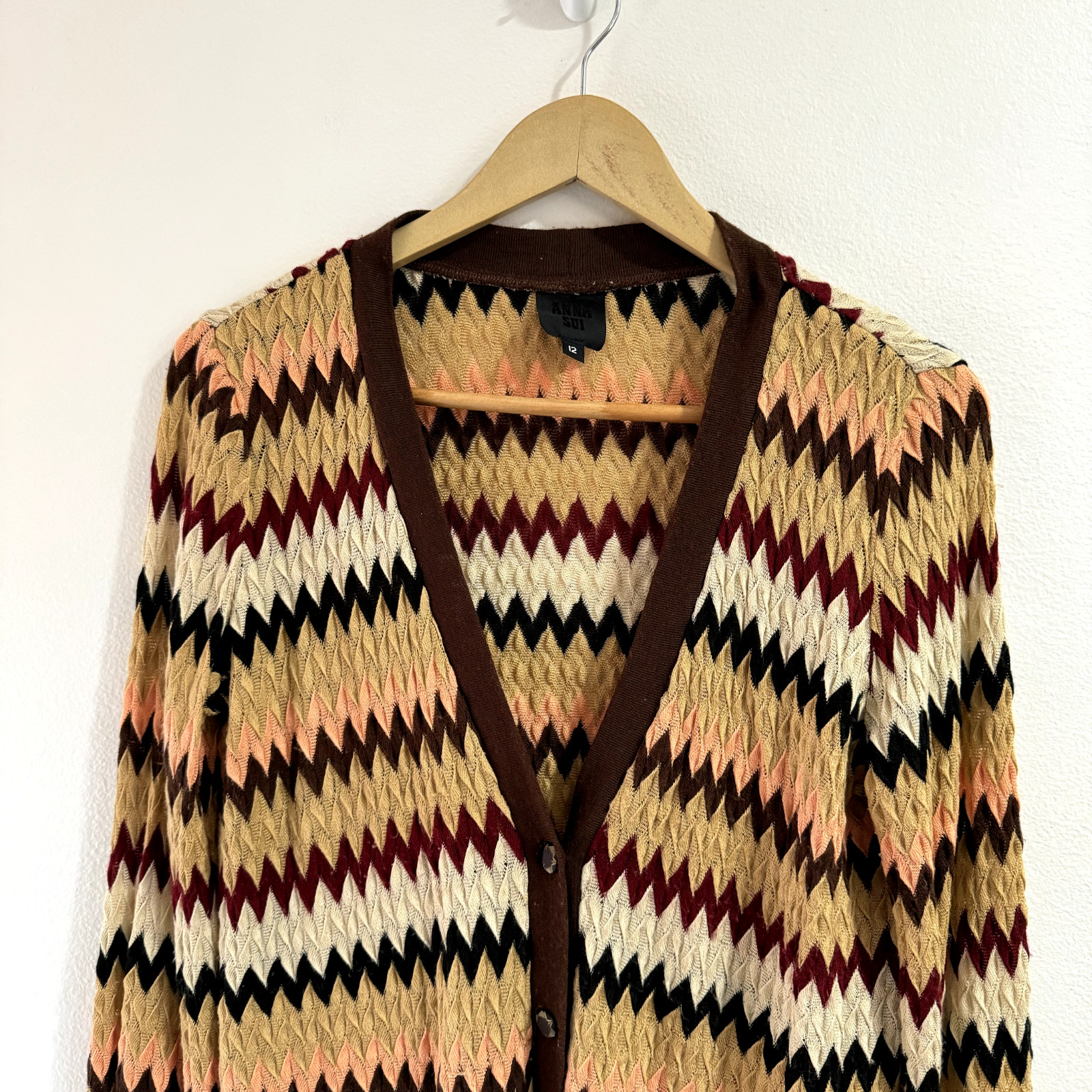 Vintage 90s Y2K Anna Sui Sweater 12 / L Chevron Cardigan Knit Tan Brown Retro