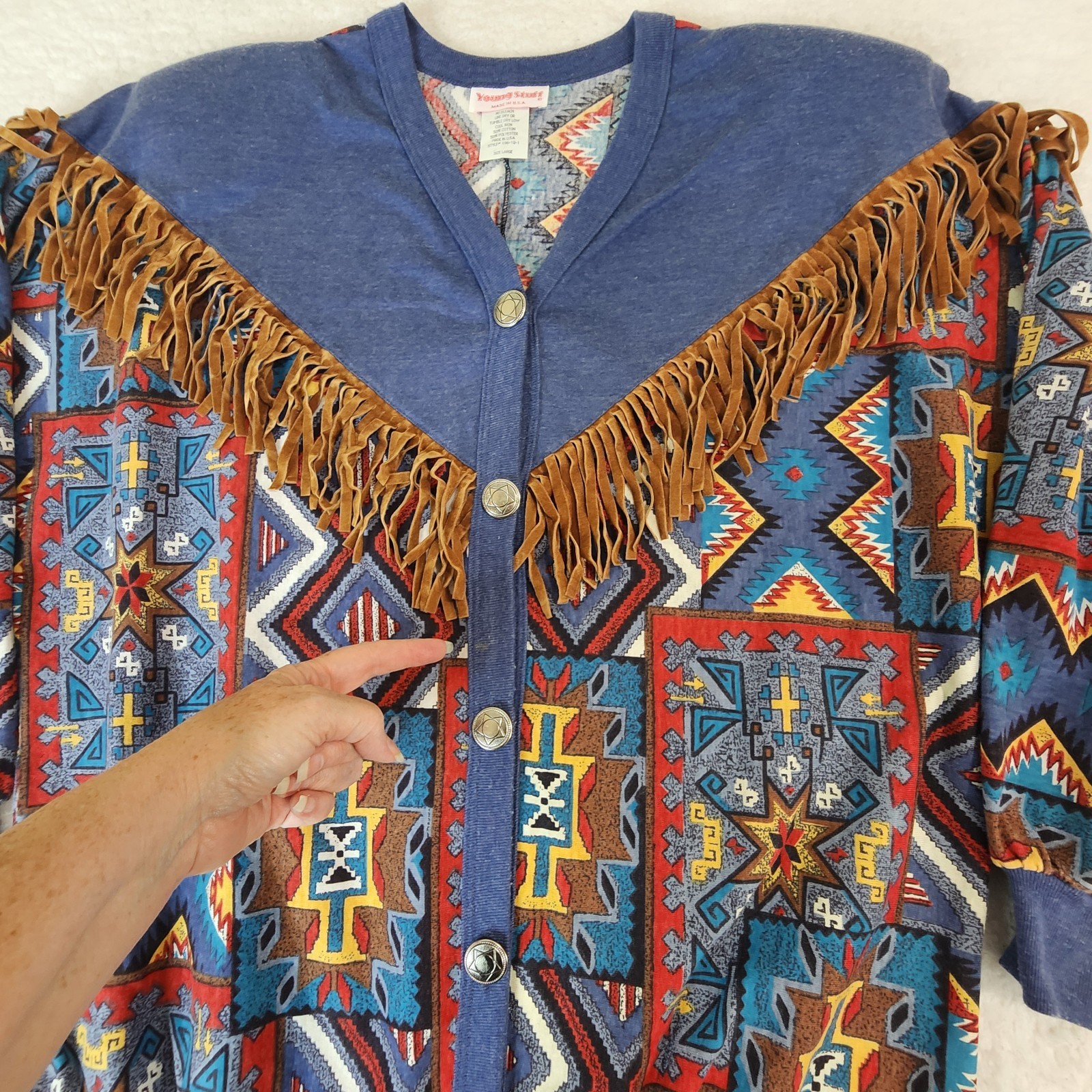 Young Stuff Womens Western Fringe Cardigan Size L Multicolor Aztec Print #2060