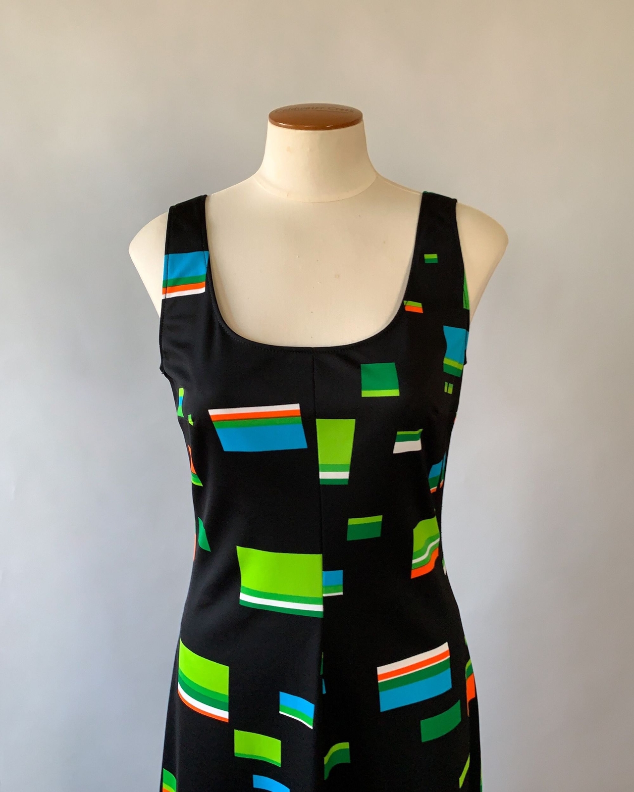 Vintage 1970s Black Green Multi Geometric Sleeveless Maxi Dress Jacket Set S M