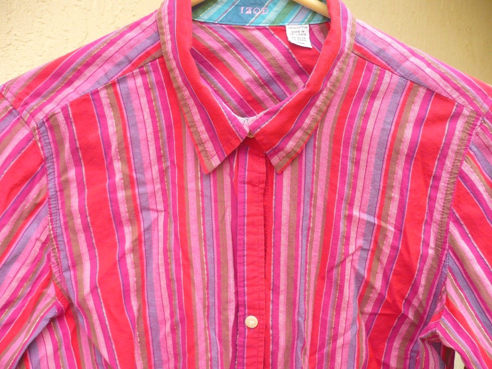 VTG IZOD S M RED PINK STRIPED MULTICOLOR 3/4 SLEEVE SHIRT BUTTON UP BLOUSE WOMEN