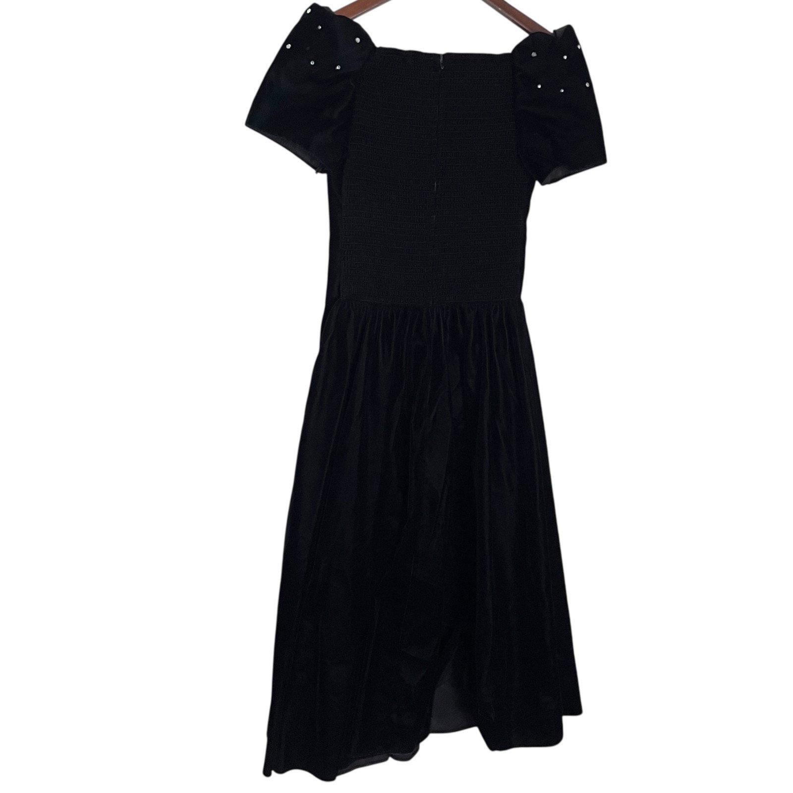Vtg 80s Velvet A Line Midi Dress Gown 6 Black Rhinestone Trim Off The Shoulder