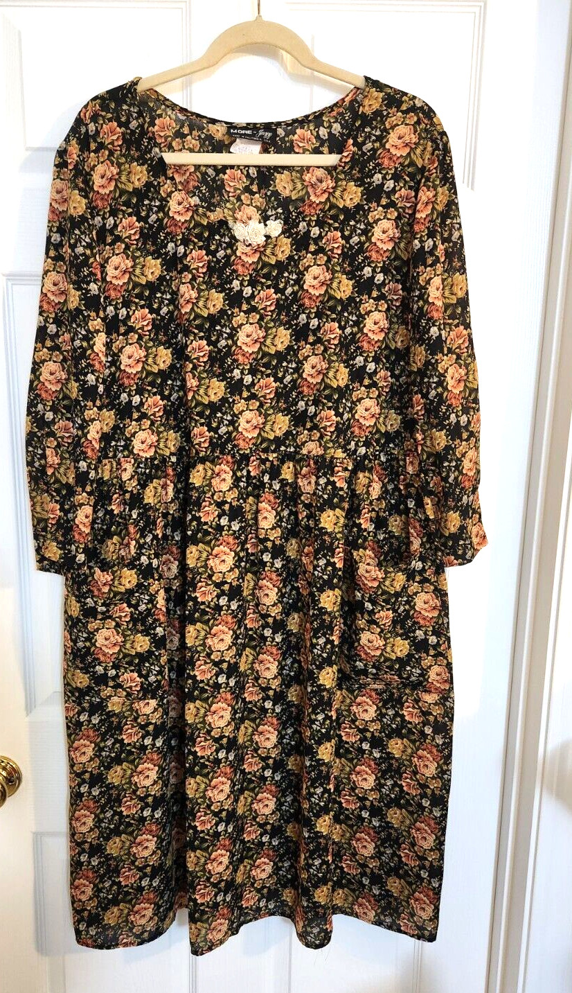More Jazz Vtg Women’s Dress Sz 2X Fall Floral Long Sleeve Pockets Cottage Core
