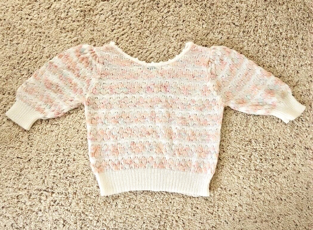 Vintage Womens Open Knit Sweater Large Feminine Coquette Pastels Puff Sleeves