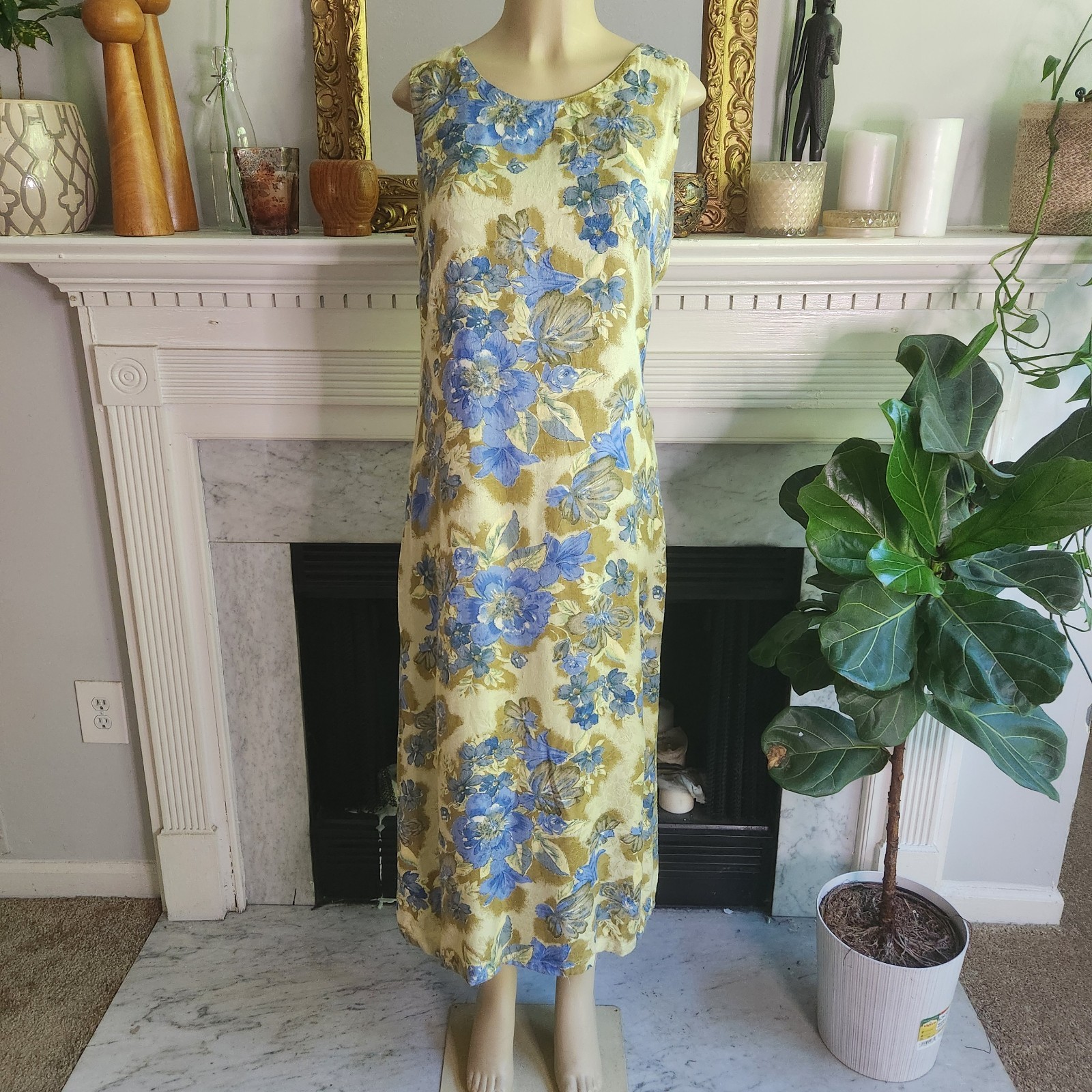 Vintage 90s Green Floral Maxi Dress Blue Cottagecore Grannycore Size 12