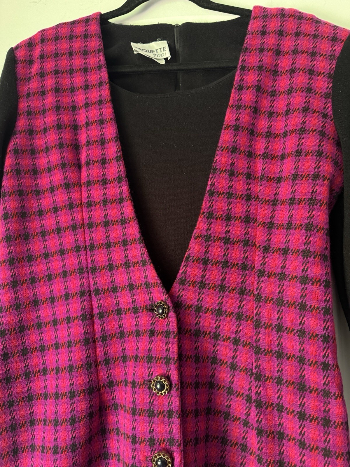 VINTAGE 80s Paquette Too! Long sleeve, Drop waist Pink/Black Plaid Dress, sz 8