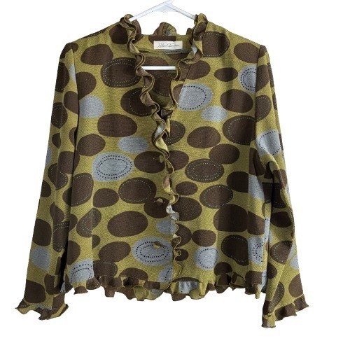 Vintage 80s Hitoshi Tamura Shisendo Ruffled Crepe Blouse Abstract Olive Brown L