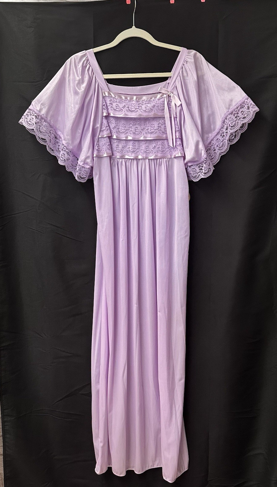 NOS w/ Tag! Vtg Purple Lavender RIKKI NEW YORK Nylon Lace Satin Nightgown Sz M