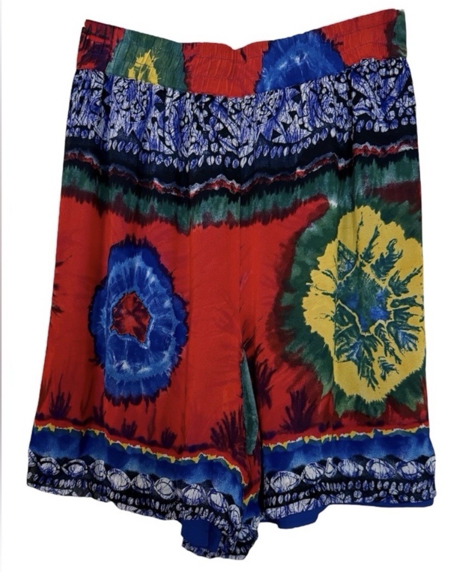Vintage 90s Platinum Dorothy Schoelen Tie Dye Chiffon Shorts L Artwear Boho