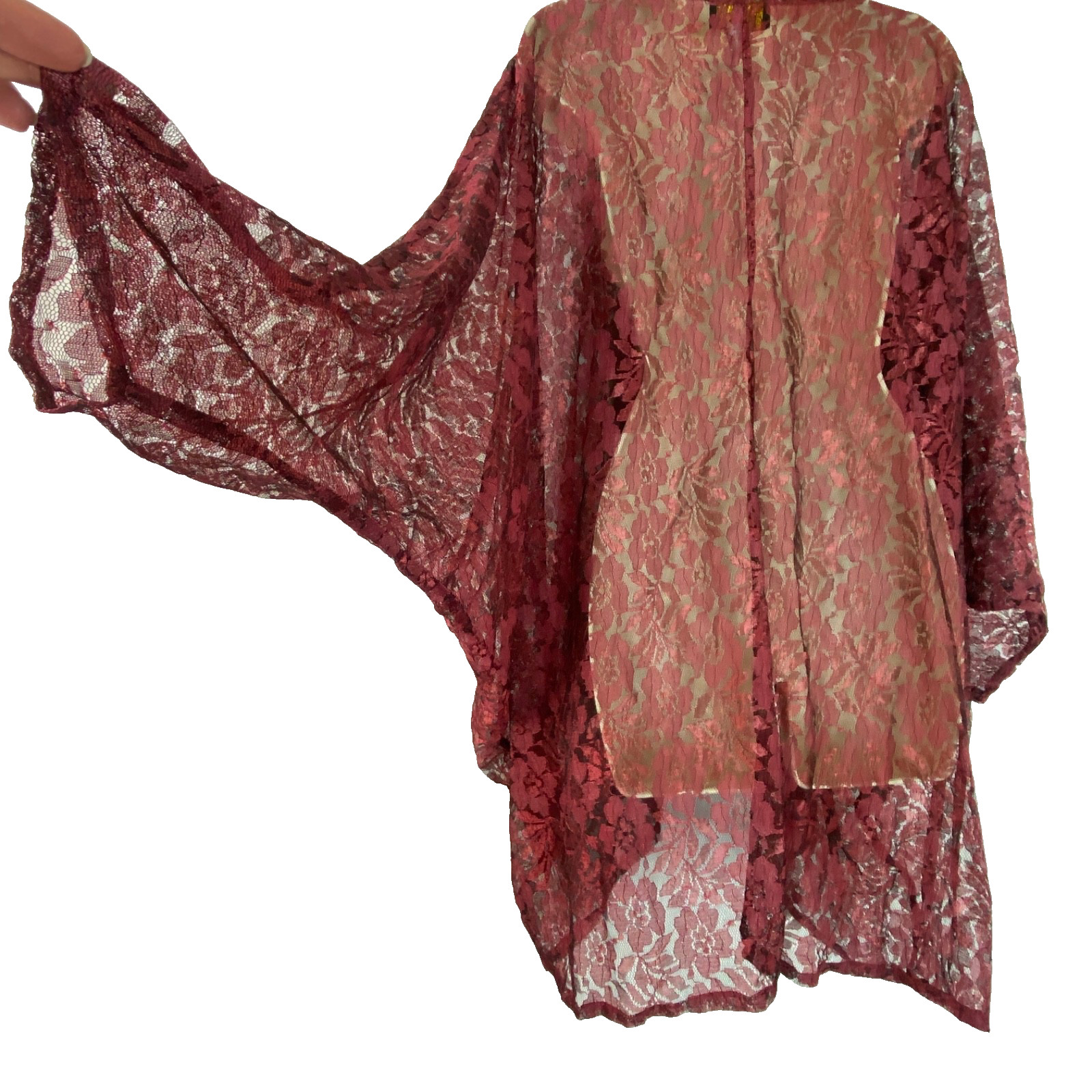 Vintage 1990s burgundy lace MARY MCFADDEN kimono open front top pink red sheer