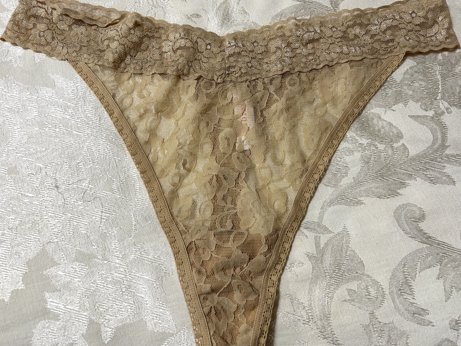 Vtg CACIQUE Floral Lace Mesh 2″ Waistband 18/20 Beige Thong Panties #81