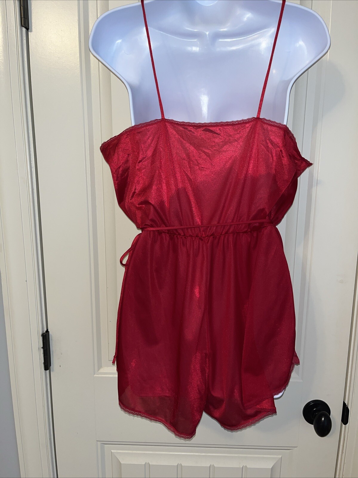 Vtg Teddy Romper Playsuit Bodysuit Wide Sheer Lace Belted Sissy Nylon Red Large