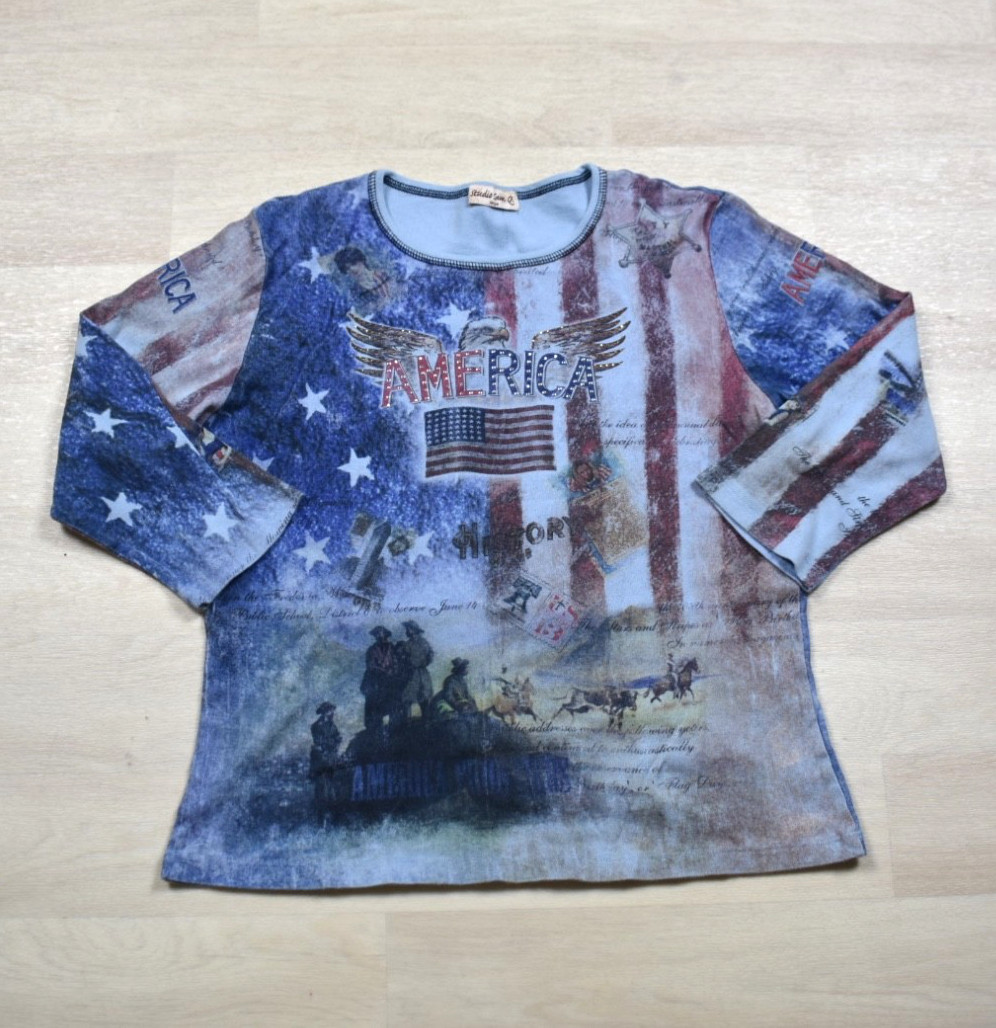 Y2K America AOP 3/4 Sleeve Tee T shirt Patriotic USA Americana Size Large VTG
