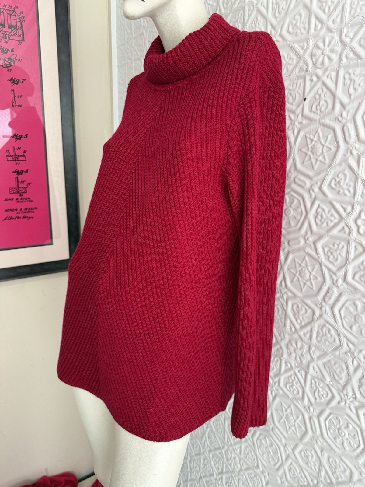 Eileen Fisher red pullover chevron knit sweater dress tunic oversized Small
