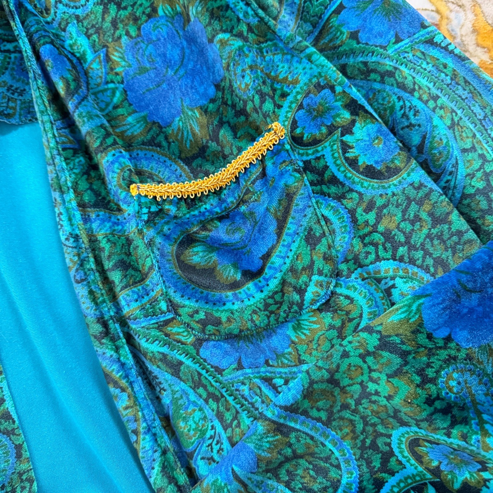 Vtg Jacket Artsy Paisley Velvet Handmade Cropped Peacock Boho 70s 80s Teal Blue