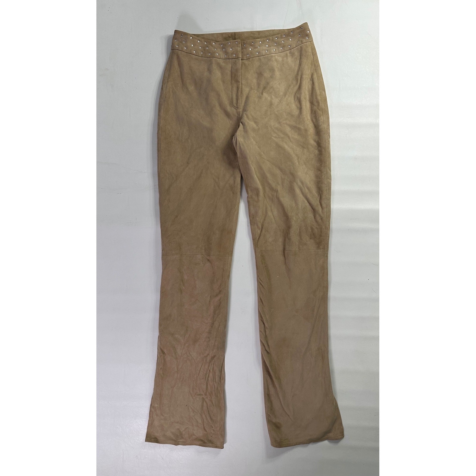 Cache Vintage Tan 100% Goat Suede Studded Rhinestone Straight Leg Pants Size 2