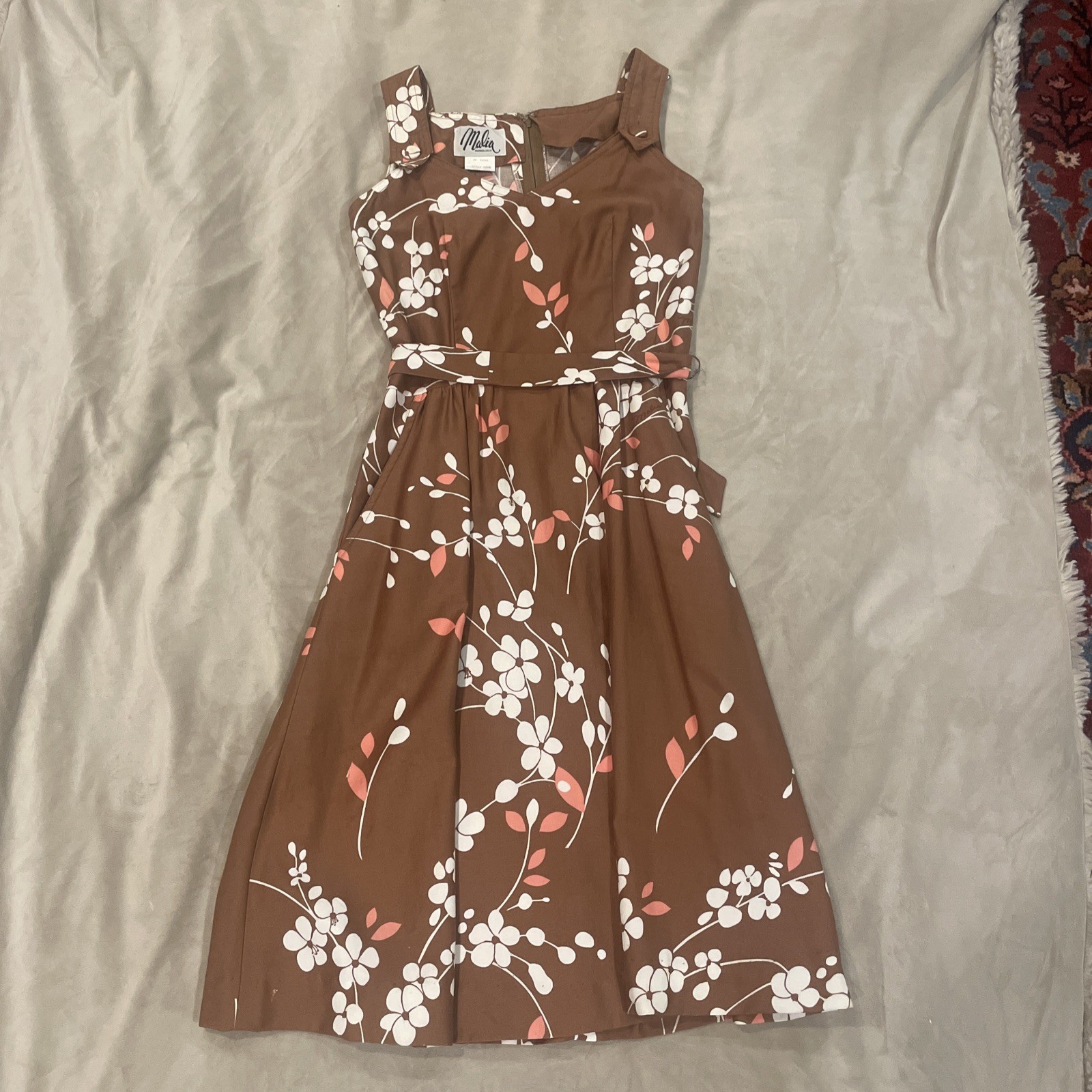 Vtg 70s Malia Honolulu Floral Pinafore Midi Dress Cotton Size 8 Runs Small