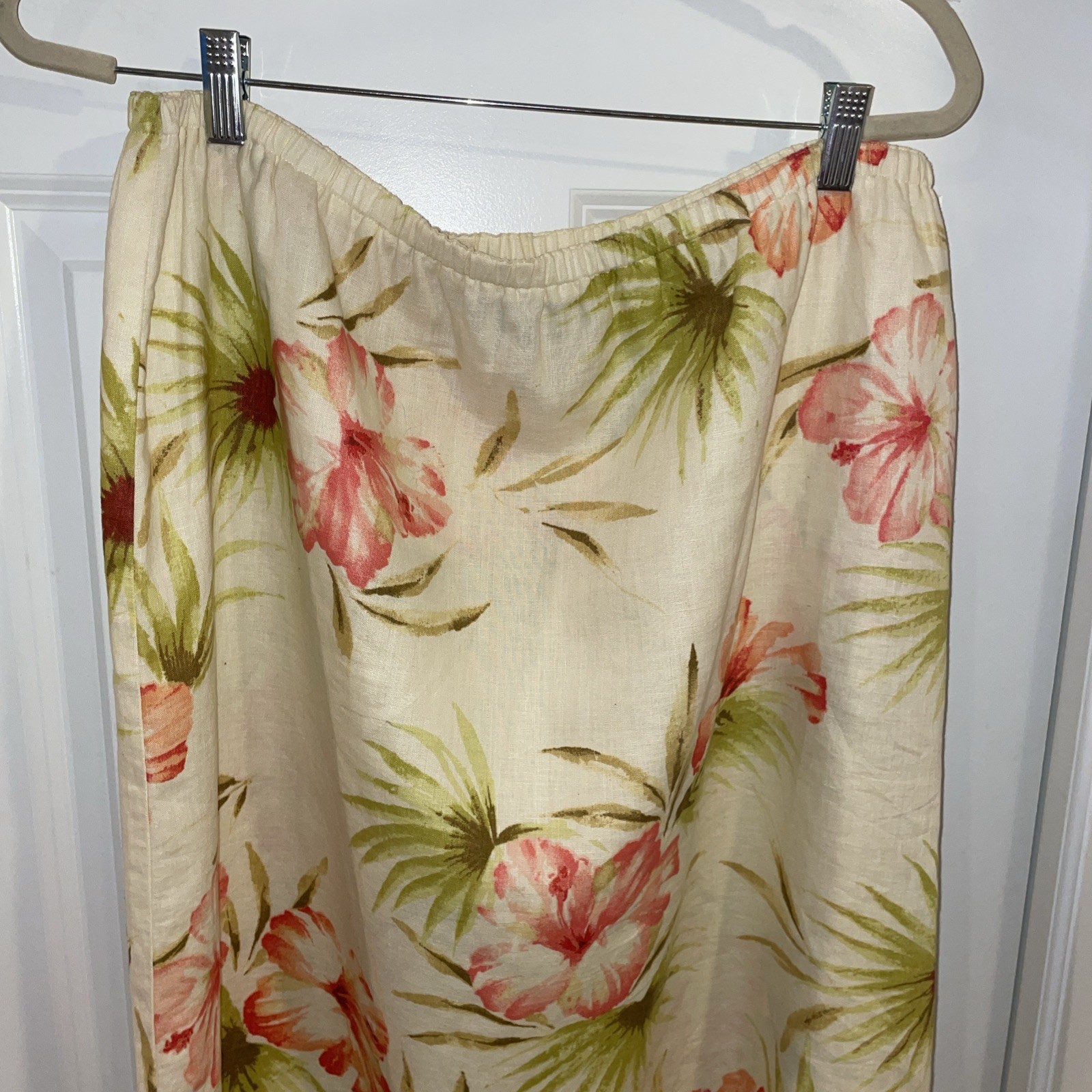 Skirt Vintage Harold’s Size 16 100% Linen Maxi Floral Elastic Waist Side Slit