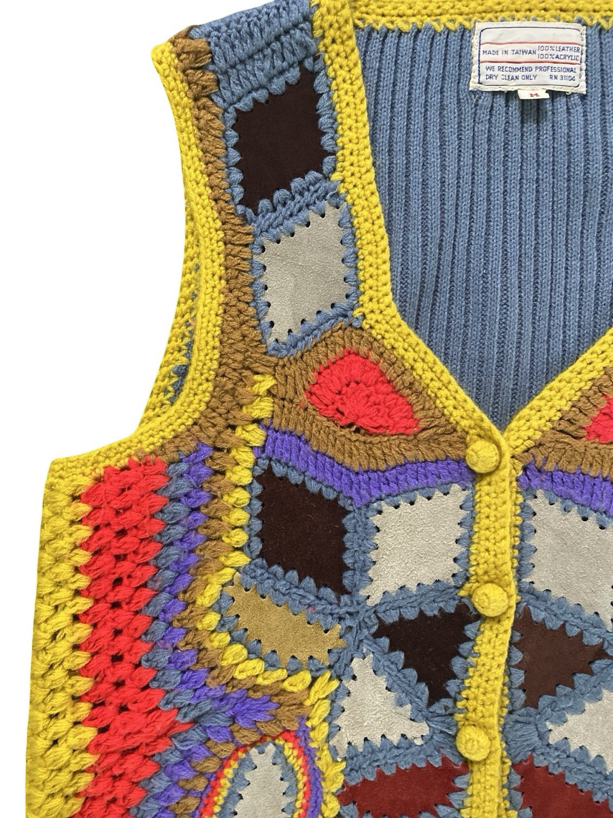 Vintage 70s Aware Acrylic Suede Multicolor Geometric Crochet Vest Size Medium
