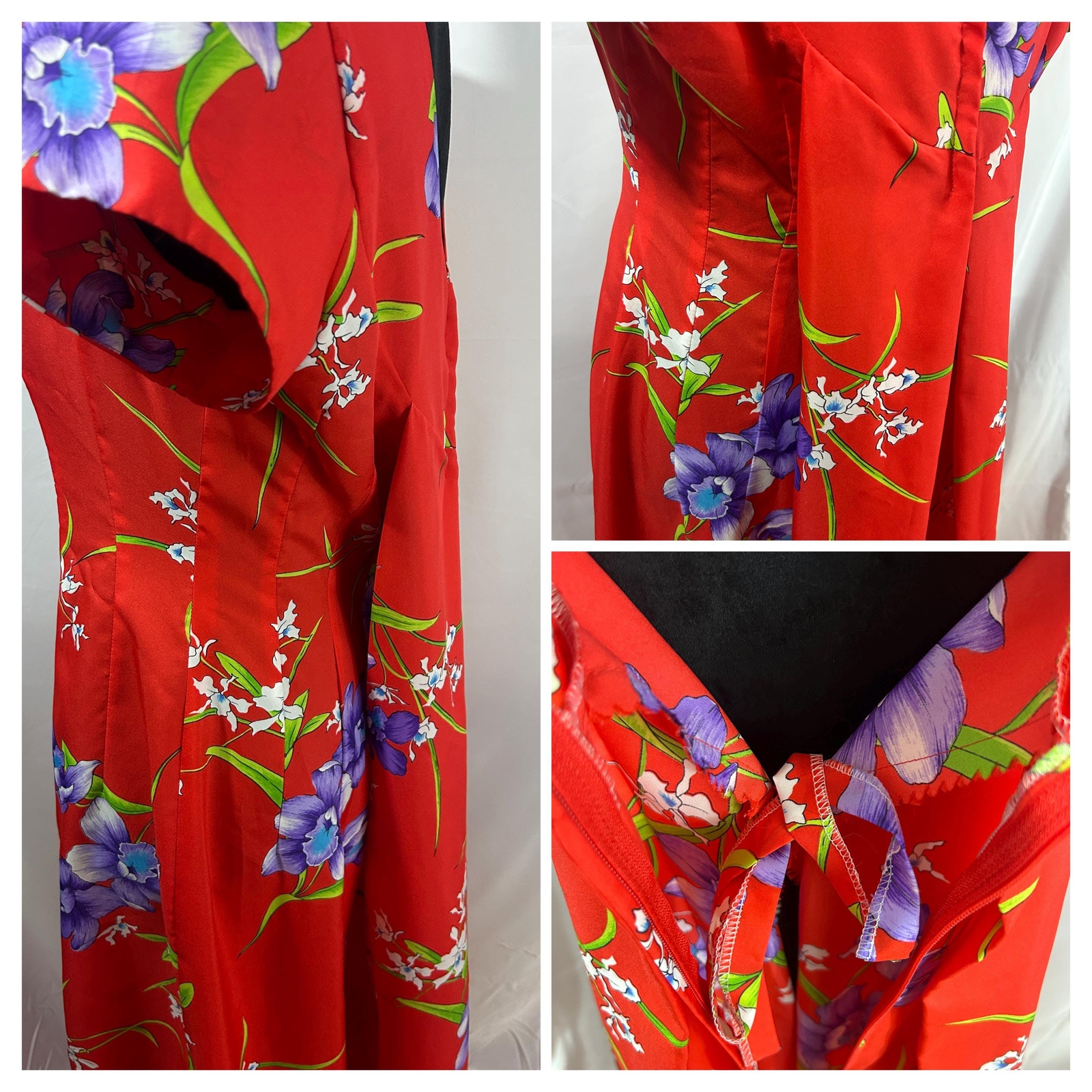 Vtg Fashion by Loke Red with Purple Flower Design Princess Style Cut Dress M-L