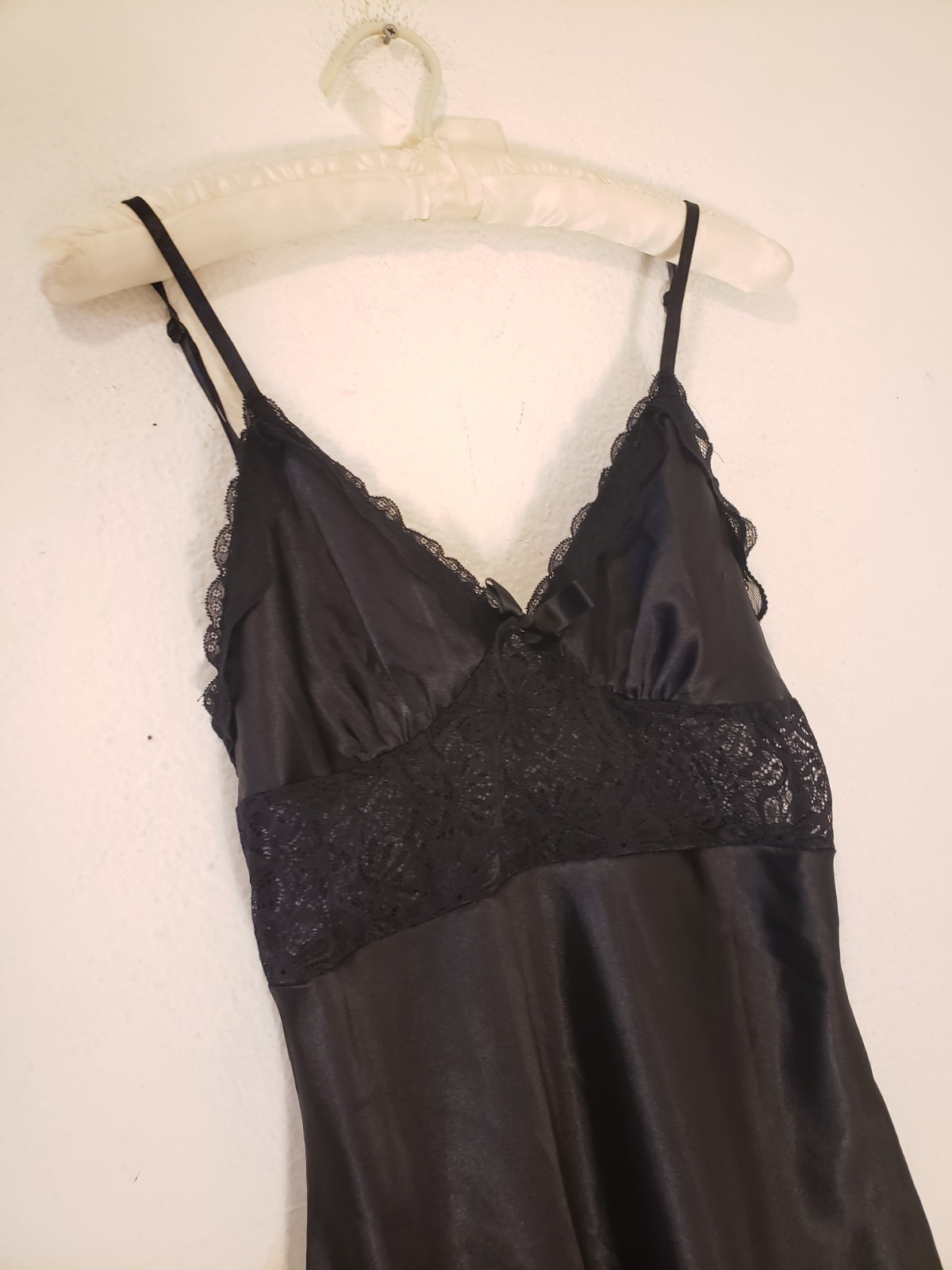 Vtg Y2k Black Satin Lace Mini Slip Dress Babydoll Sz S