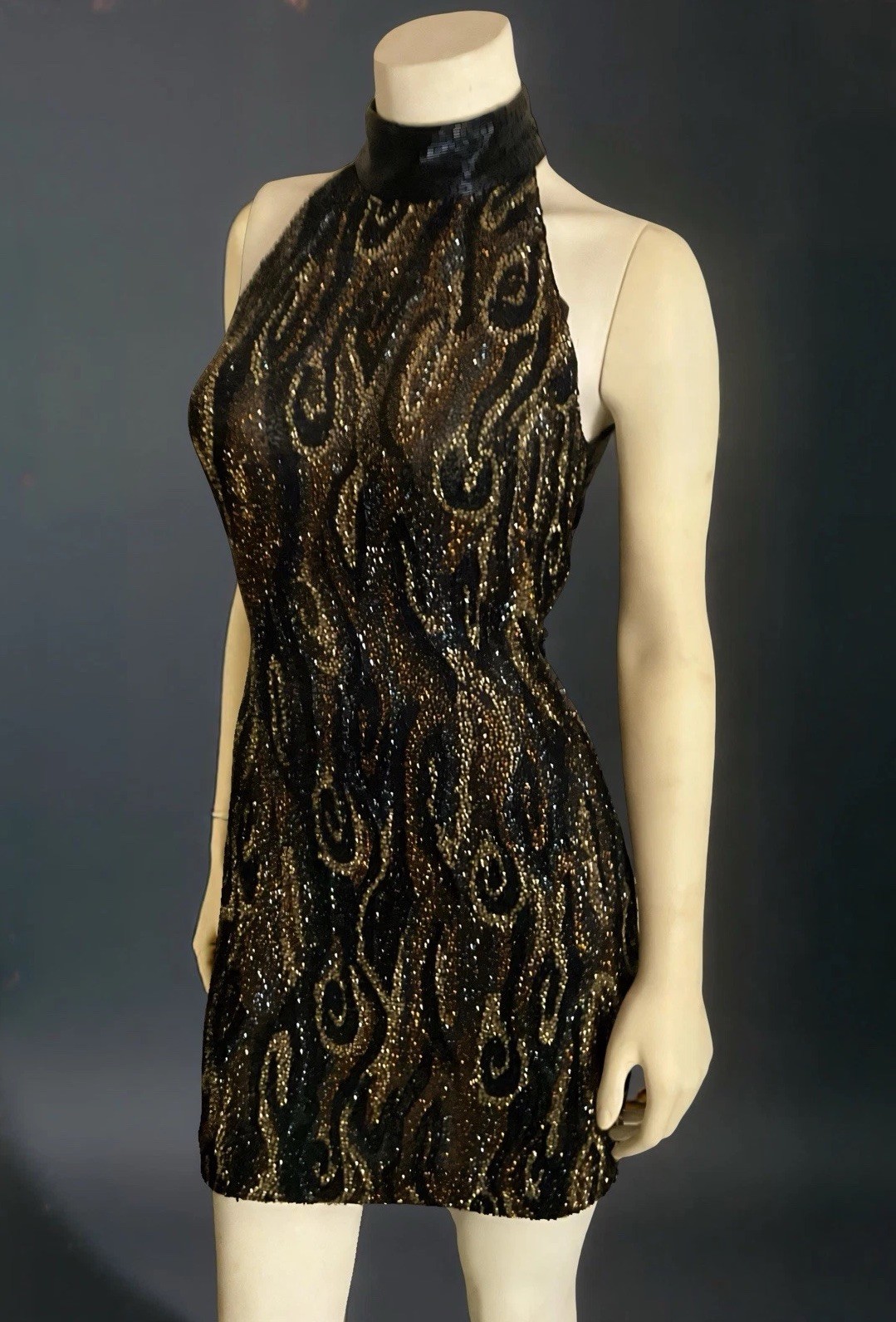VTG OLEG CASSINI BLACK TIE FULLY BEADED SILK HIGH NECK COCKTAIL DRESS Sz 4- 6