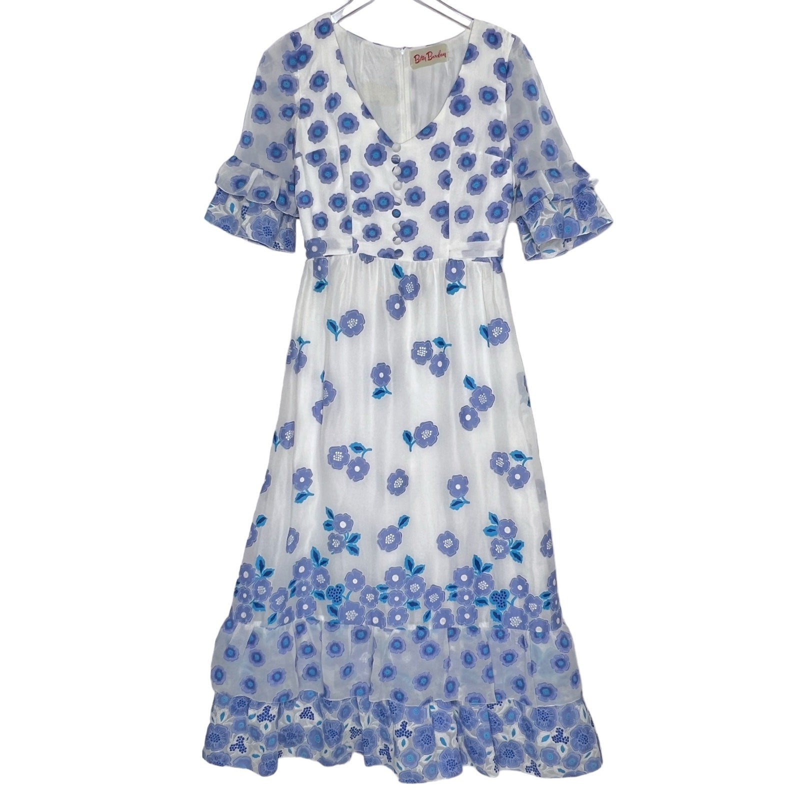 Betty Barclay S Vintage Retro Maxi Dress Ruffle Layered Blue White Floral