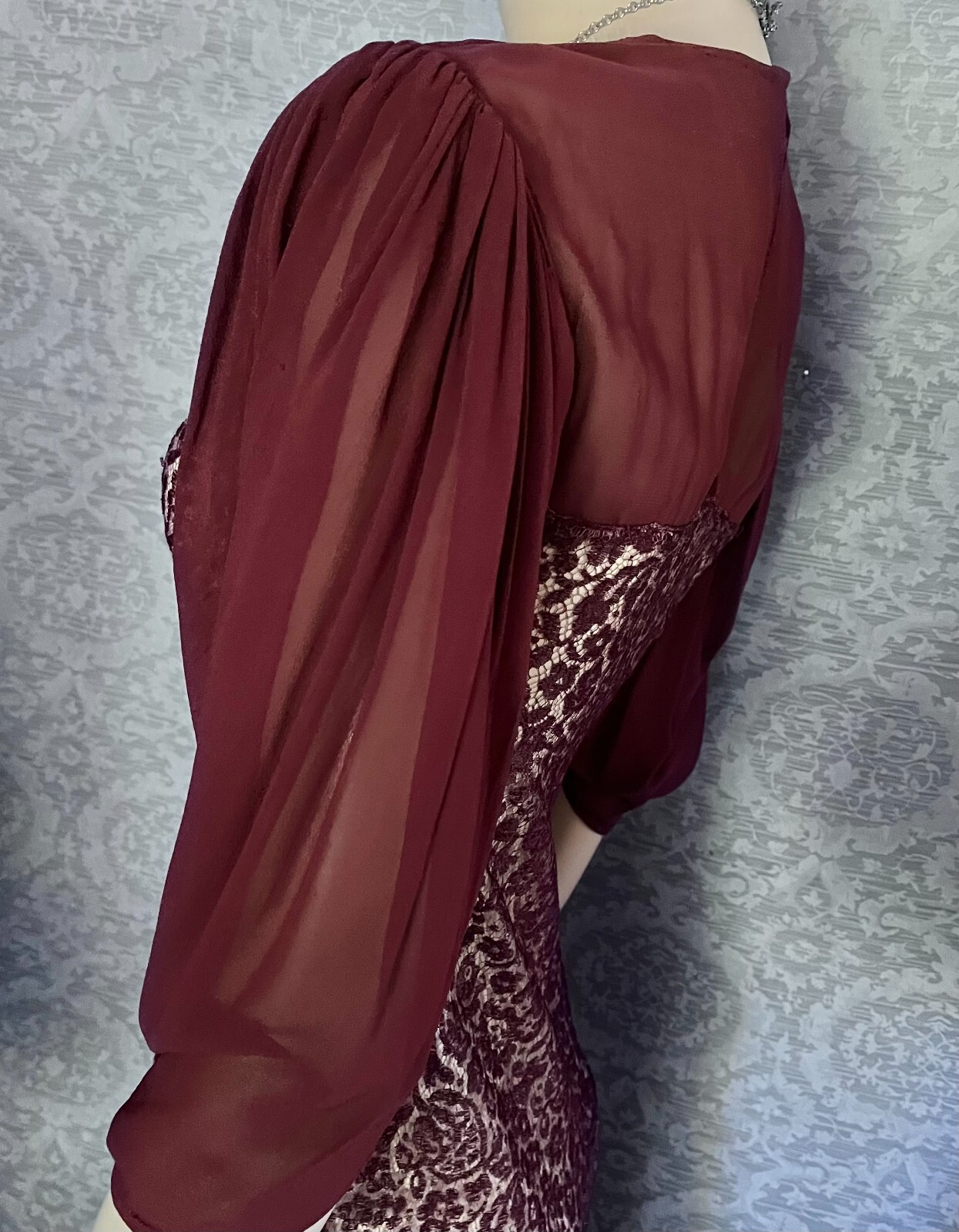 Charming 1930s Plum Silk Lace, Chiffon Occasion Dress, Excellent, Petite, Small