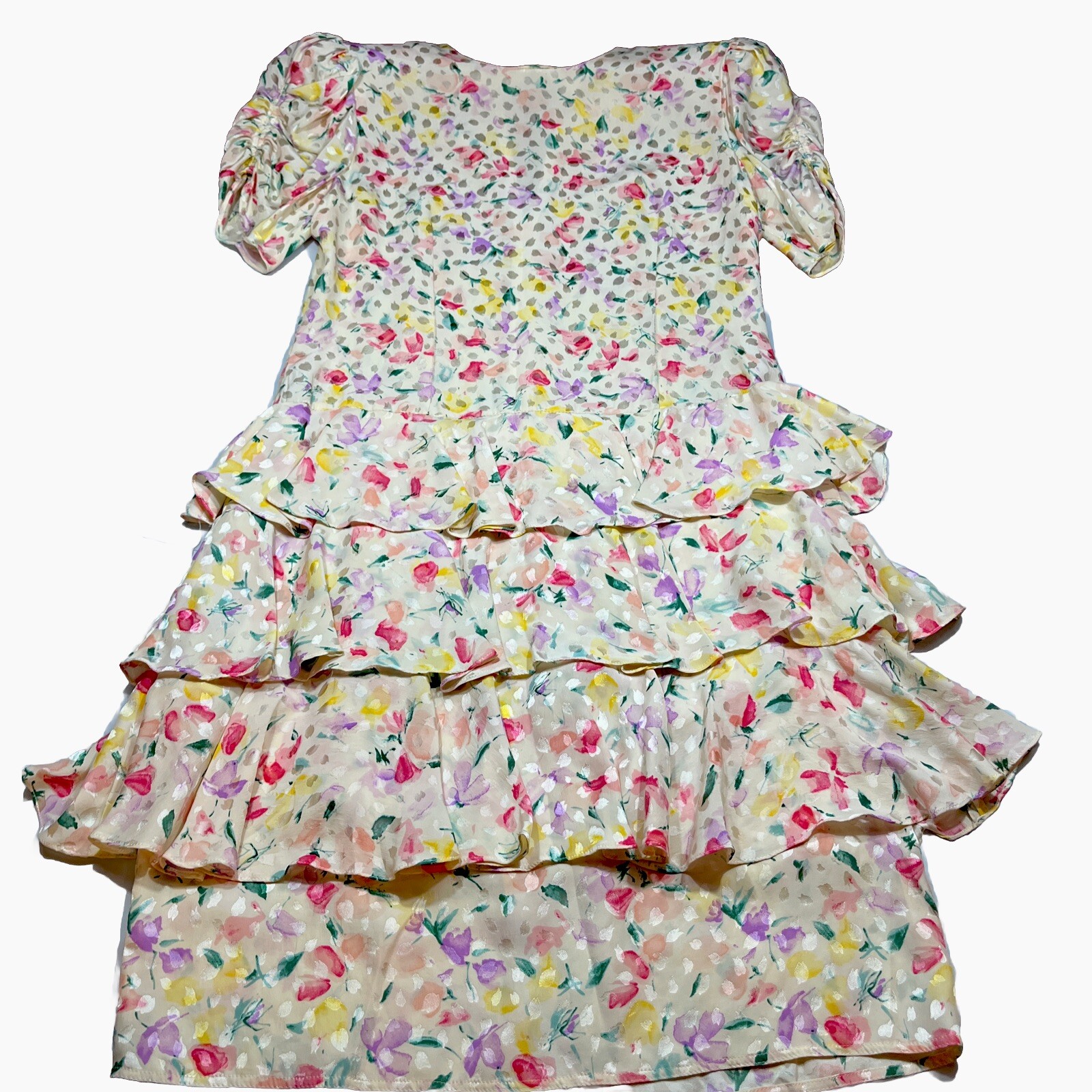 Floral SILK TIERED RUFFLES DRESS WHIMSY Fairy COQUETTE prairie Yellow Pink Sz 14