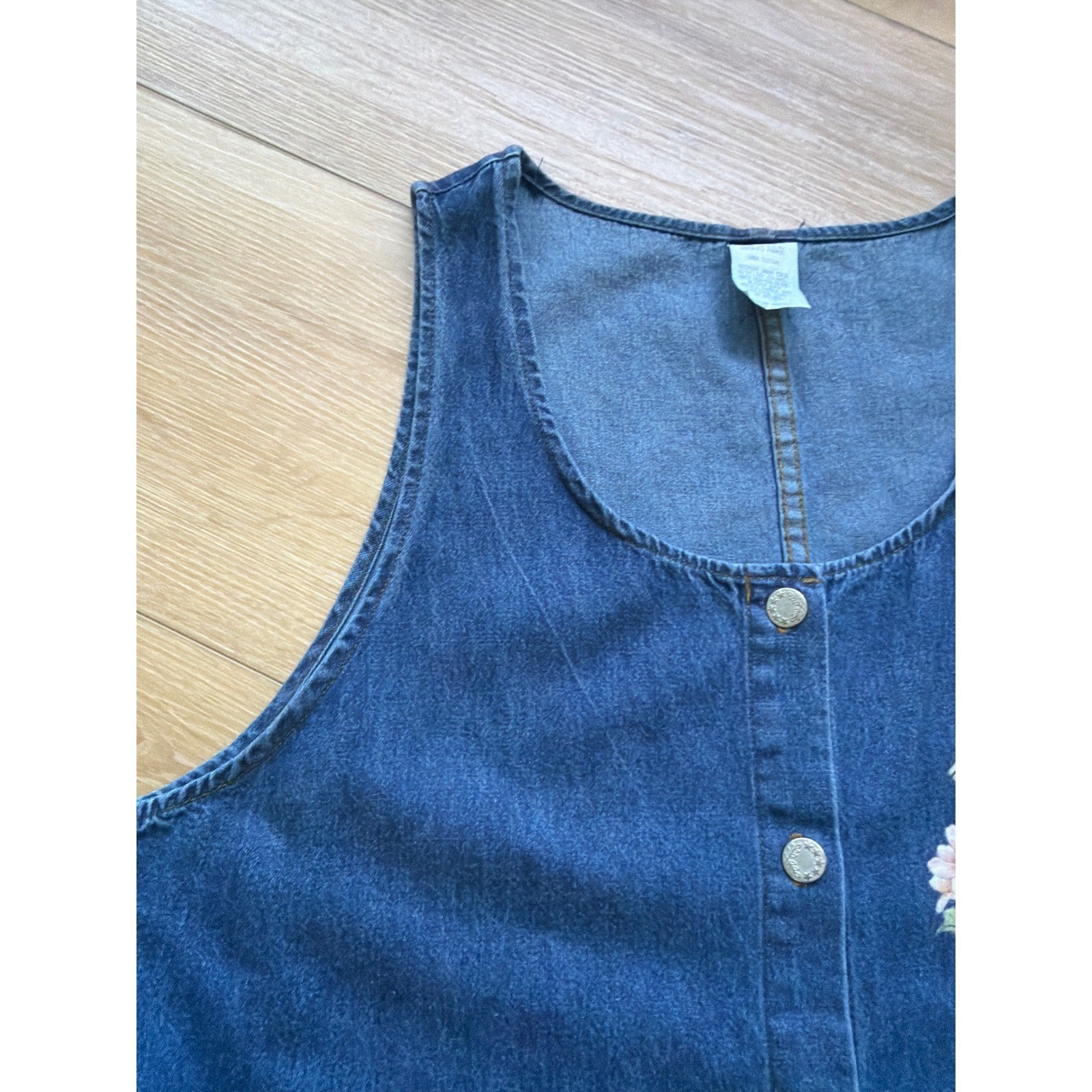 Vintage Denim Birdhouse Floral Jumper Dress Blue Button Front Cotton USA read