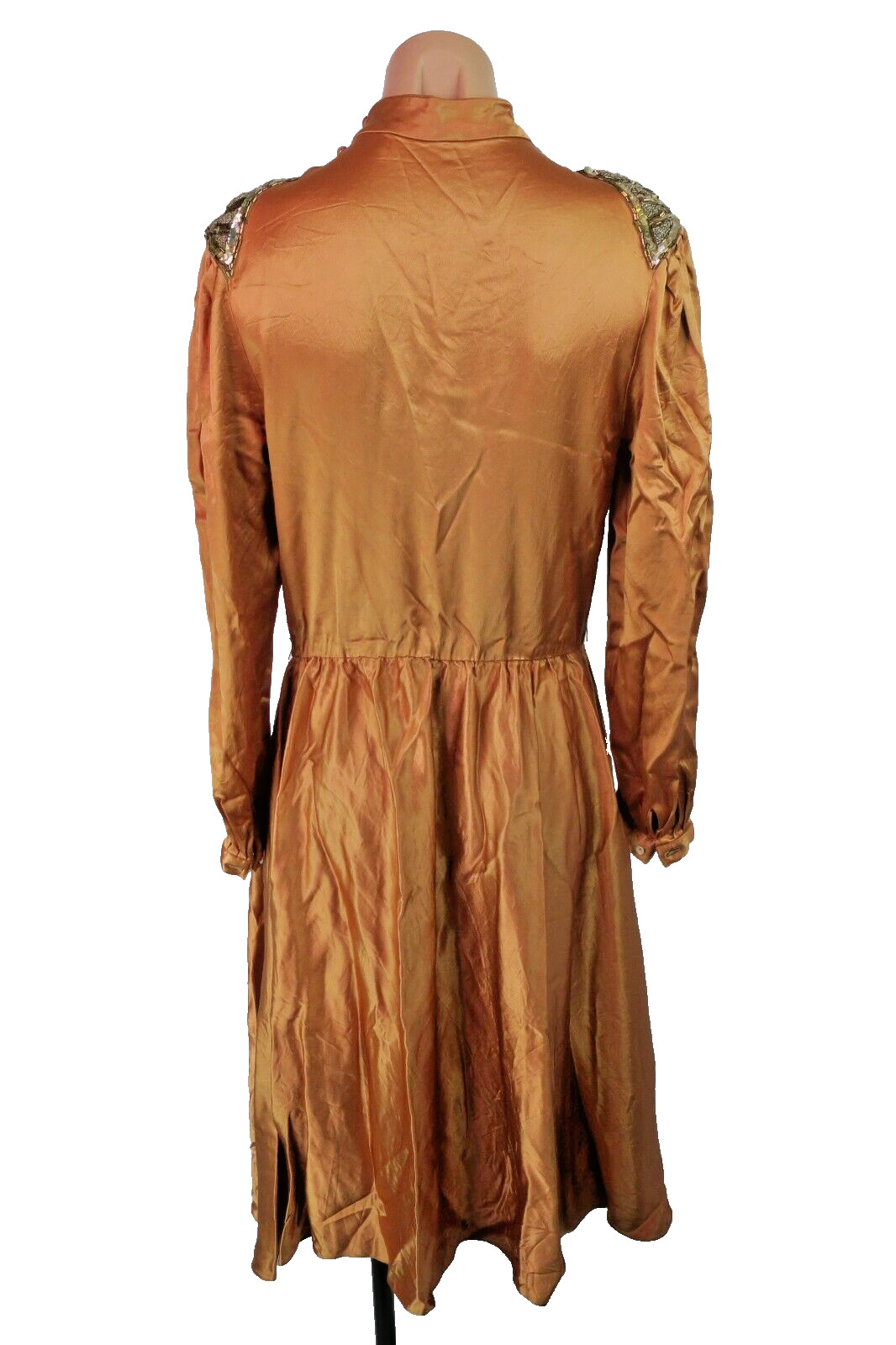 VTG 80s Bronze Gold Metallic House Dress Jonathan Hitchcock Sequin Fit Flare M/L